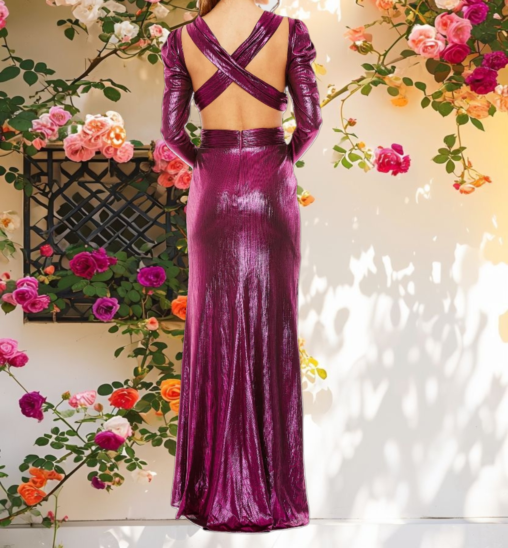 Purple Princess Sleeve Cut Out Metallic Gown