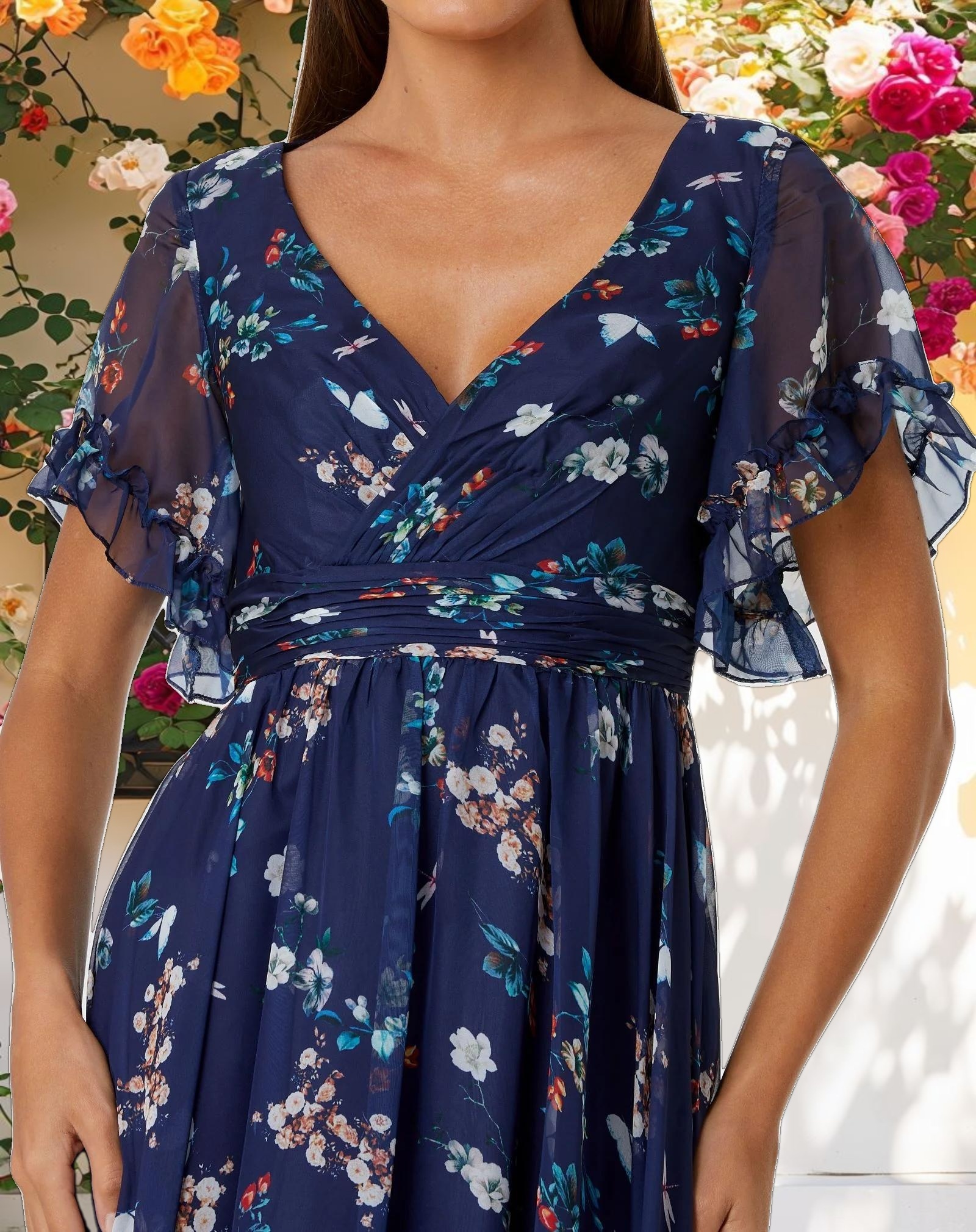 Navy Multicolor Flounce Sleeve Floral Maxi Dress