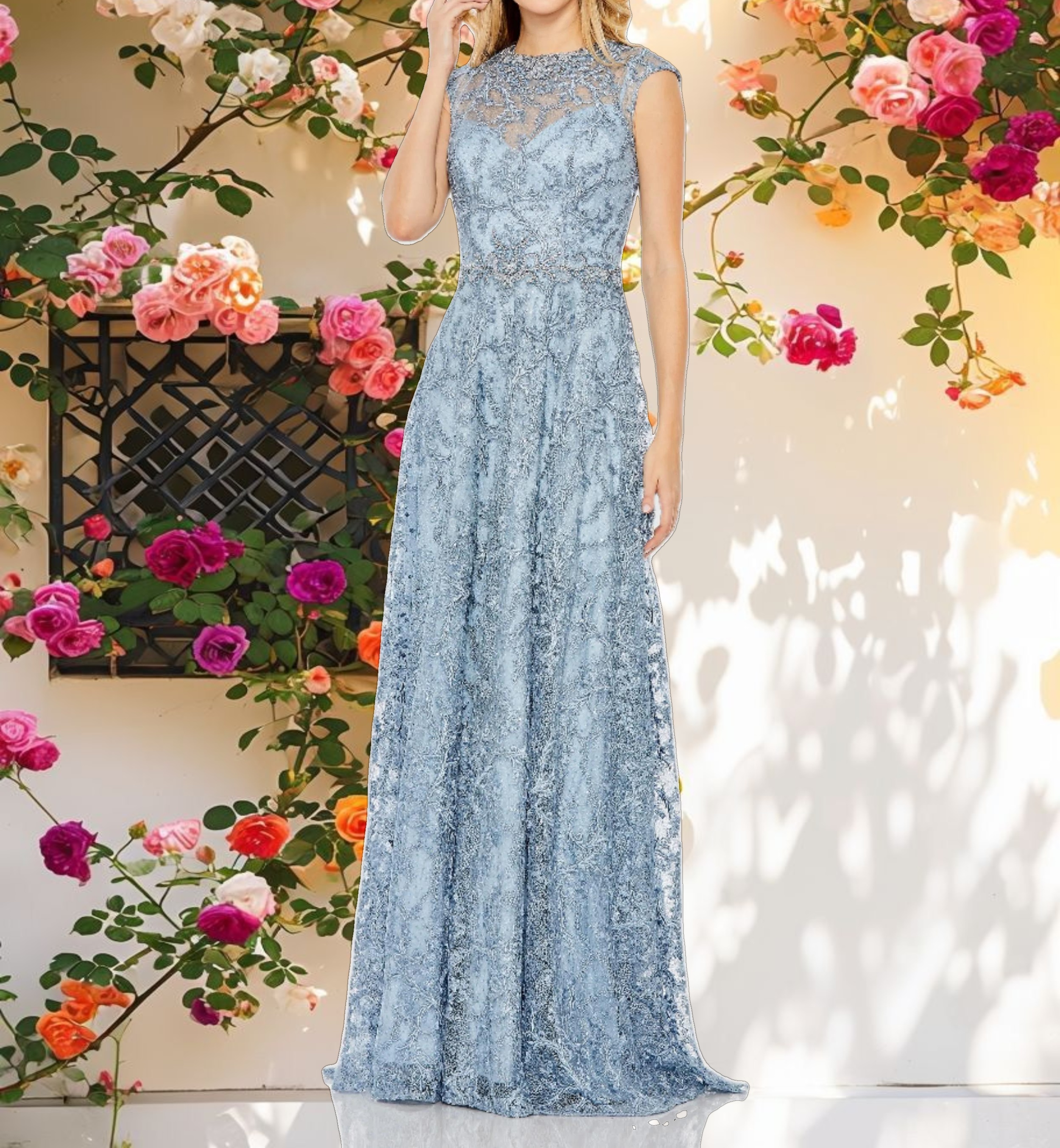 Embroidered Cap Sleeve A Line Gown