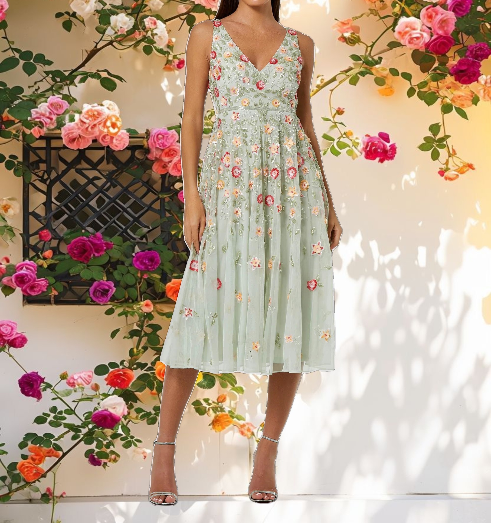 V-neck Sleeveless Midi Floral Beaded A line Dress