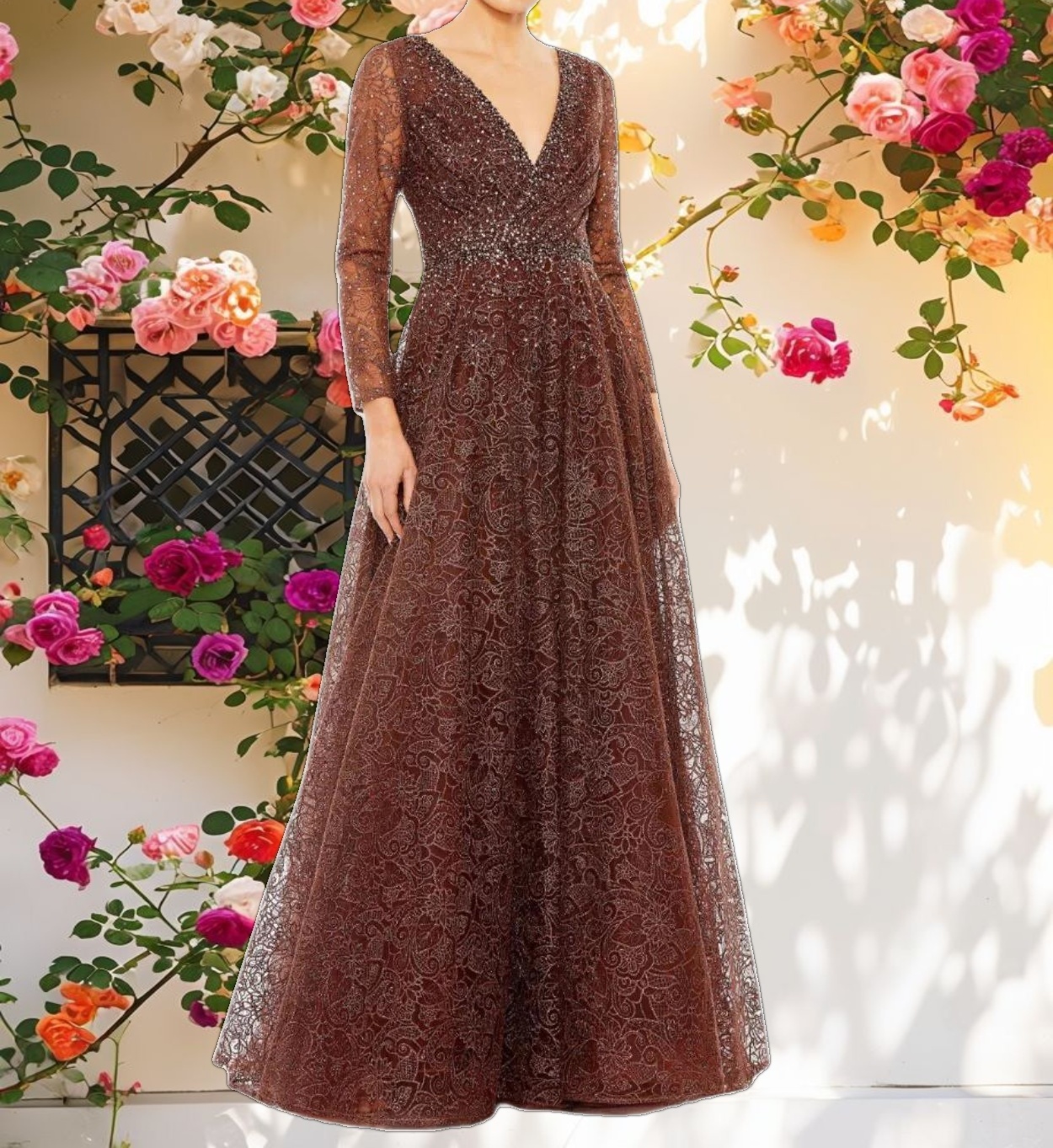 Stunning Embellished Long Sleeve V Neck Gown