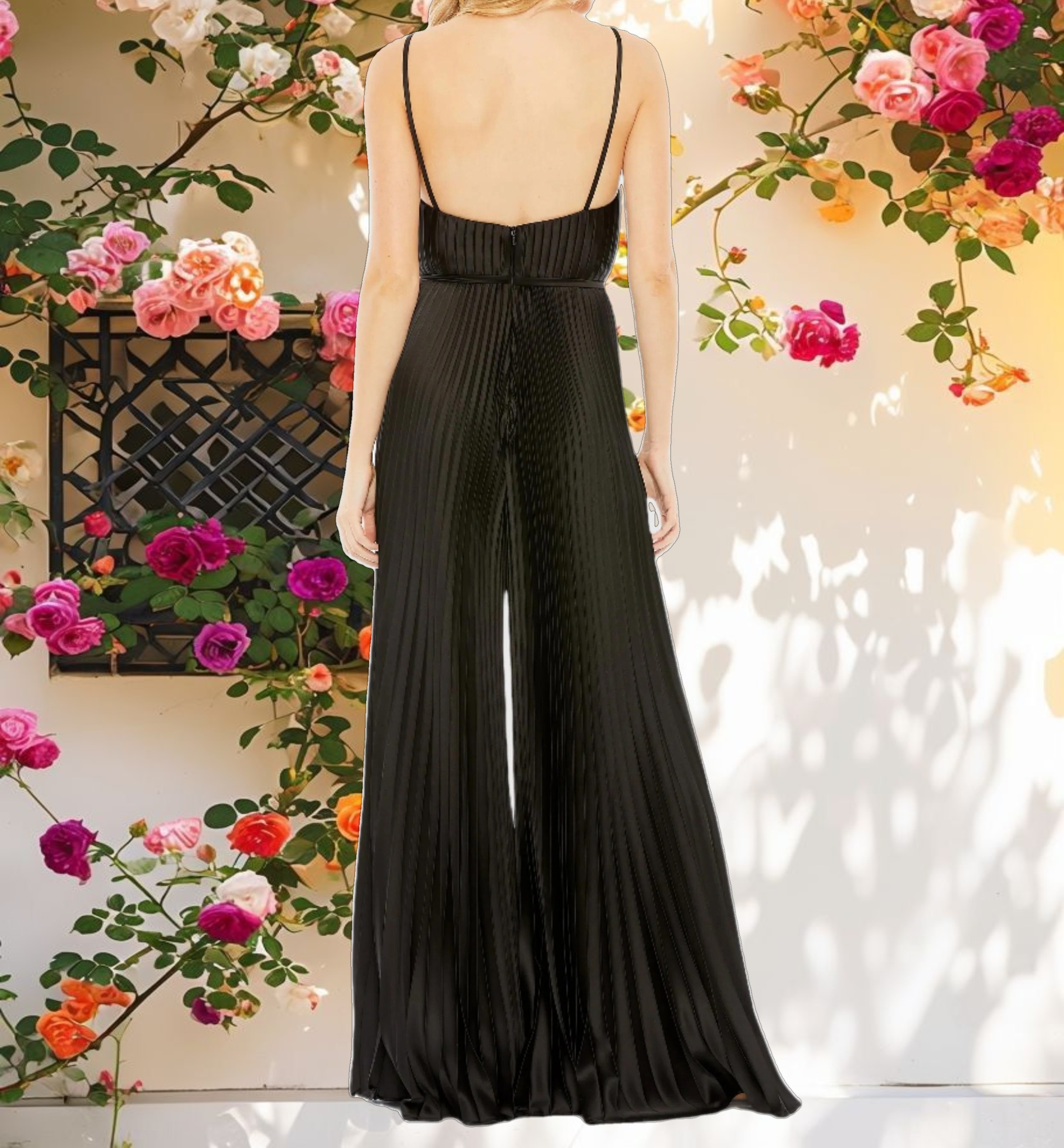 Black Pleated Plunge Neck Wide Leg Jumpsuit