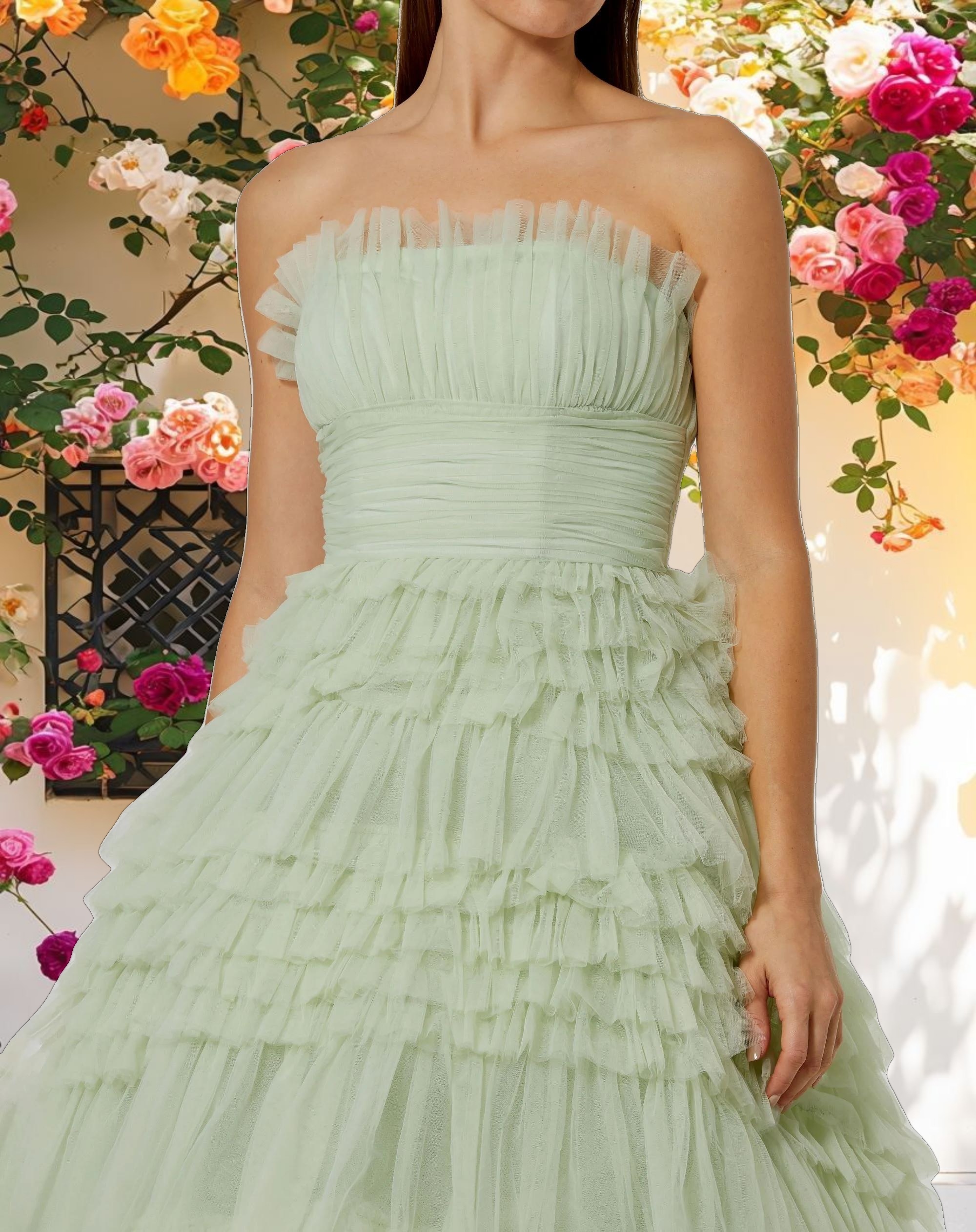 Green Strapless Tulle Ruffle Formal Dress