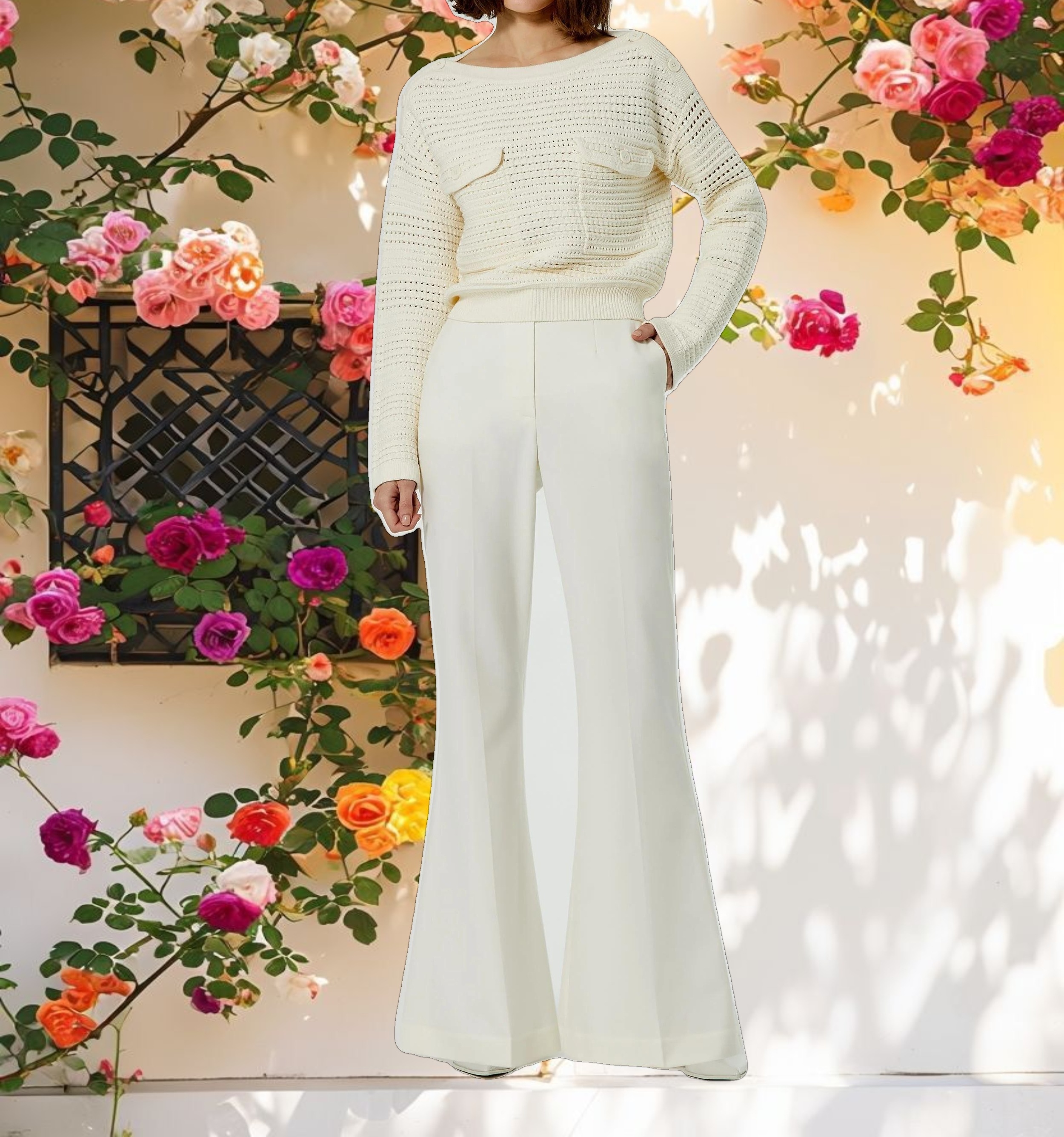 Long Sleeve Crochet Knit Crew Neck Sweater With Pockets