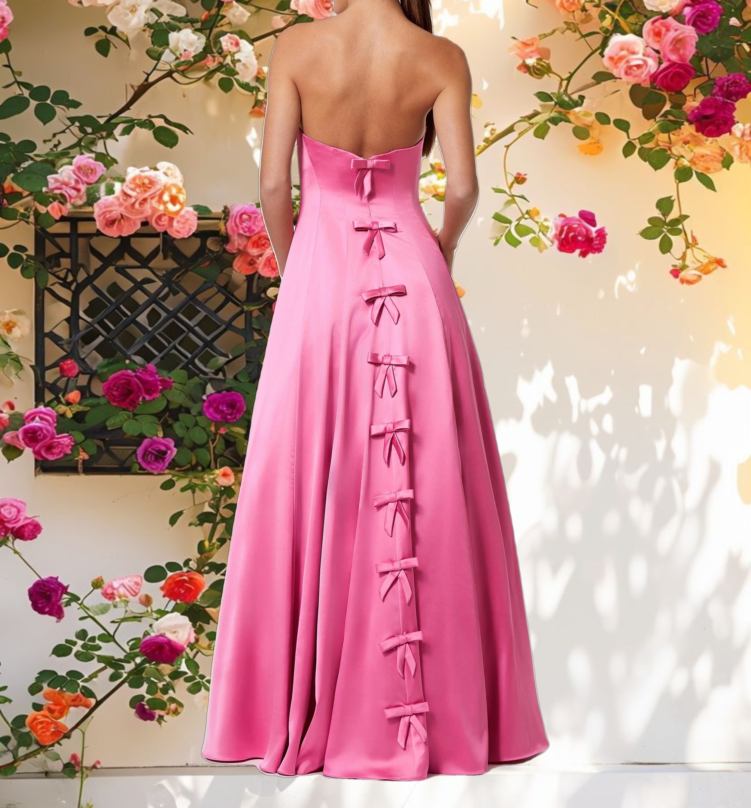 Pink Strapless Satin Ballgown With Bow Details
