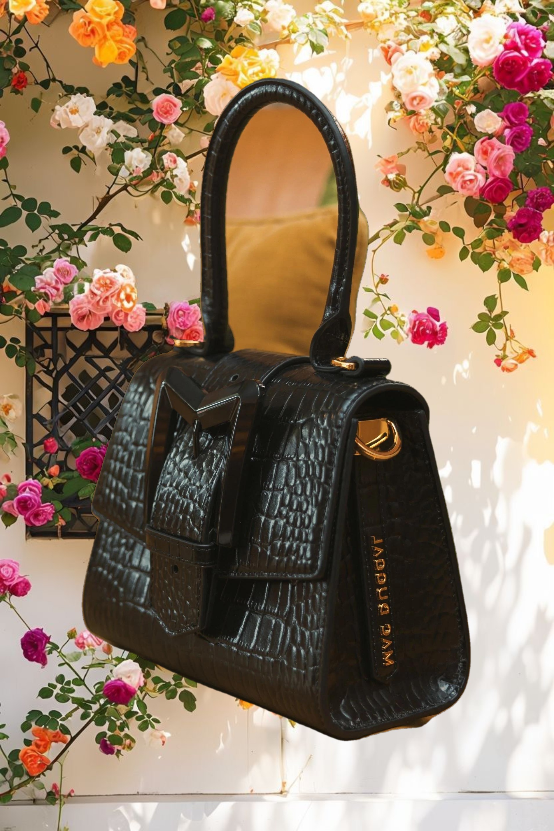 Buckled Mini Croco Black Leather Handbag