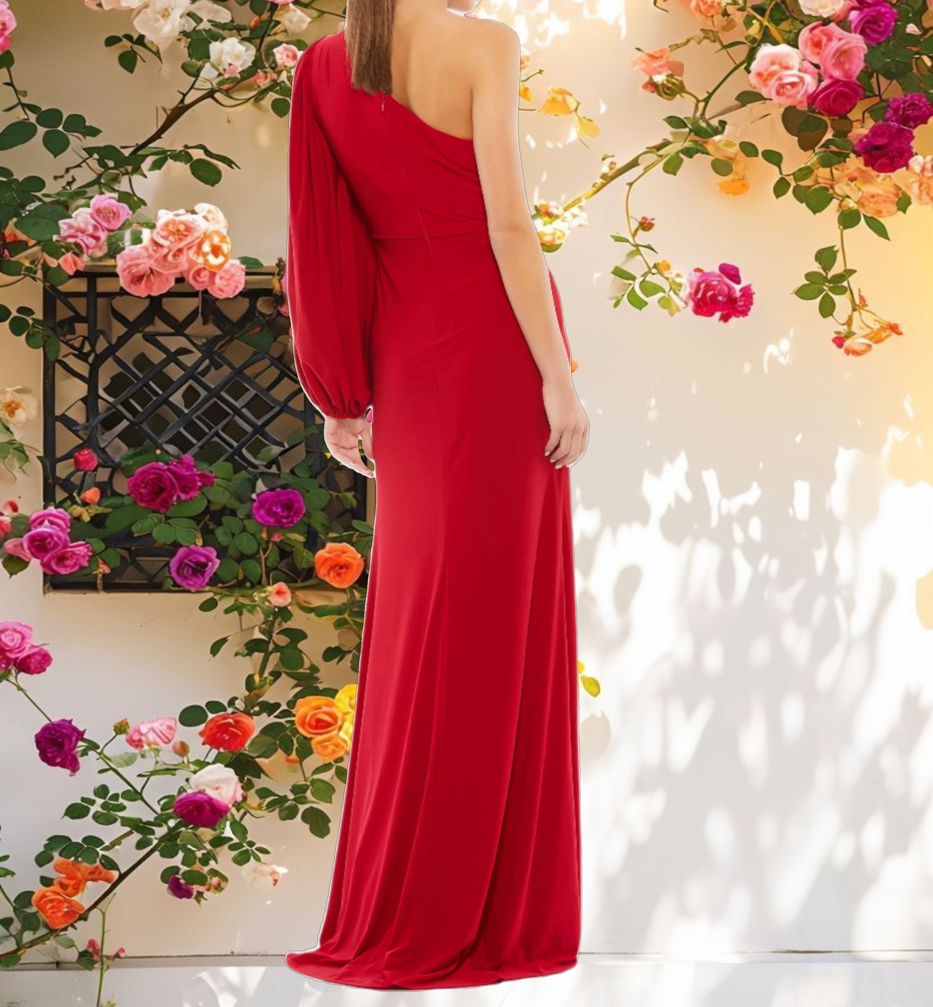 Red One Shoulder Puff Sleeve Faux Wrap Gown