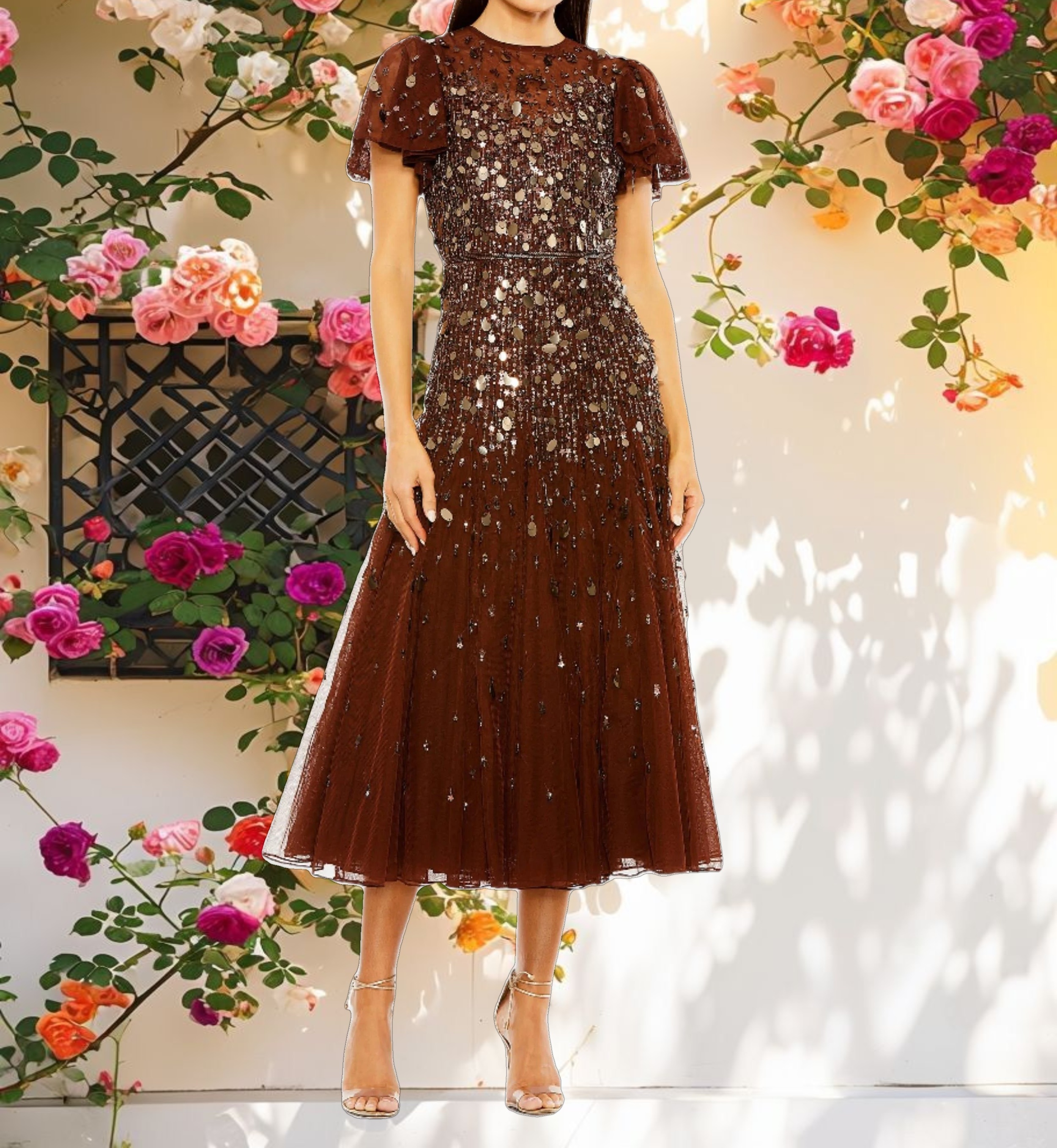 Flutter Sleeve Sheer Top Beaded Dress