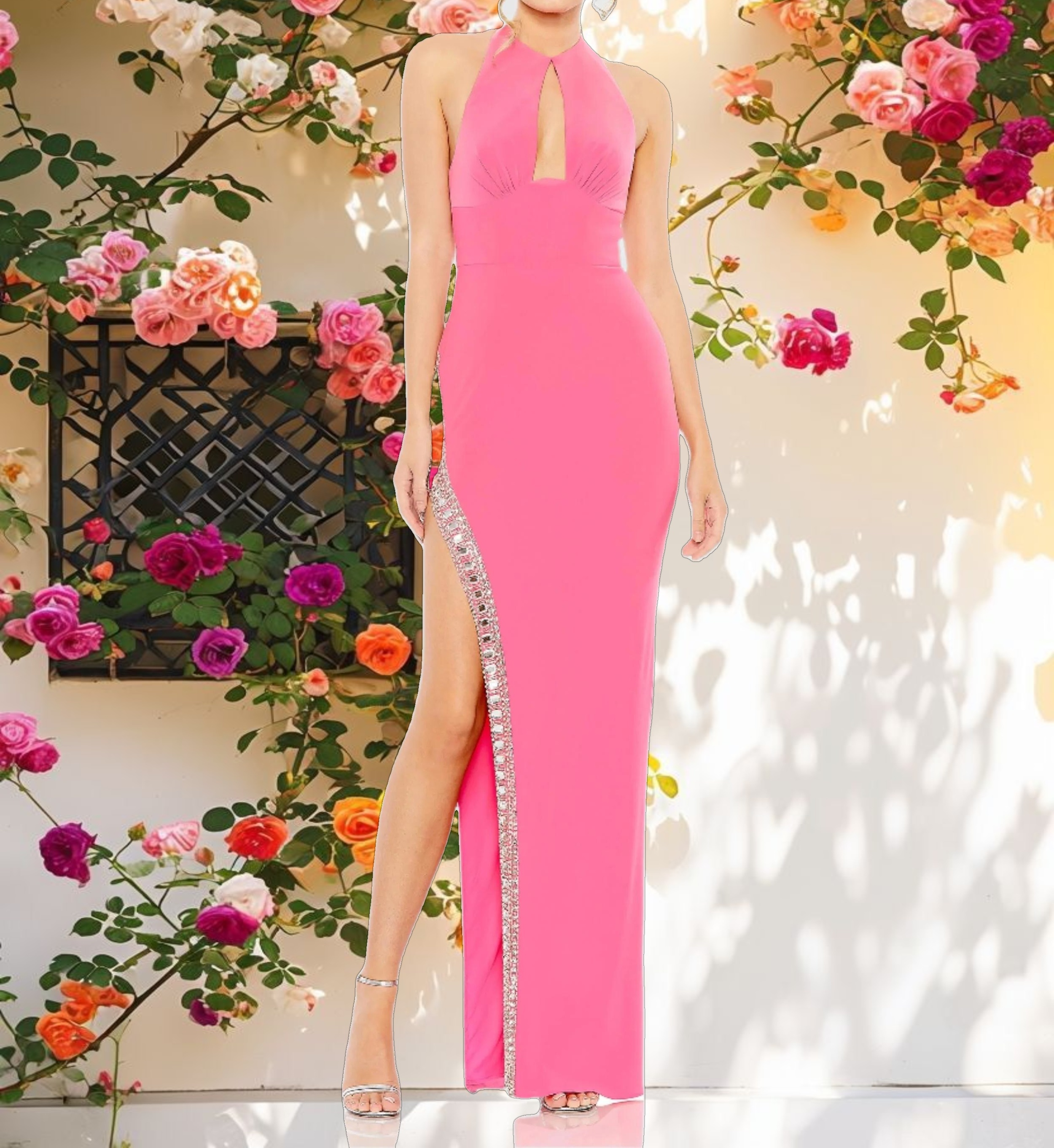 Pink Jersey Halter Neck Beaded Slit Detail Gown
