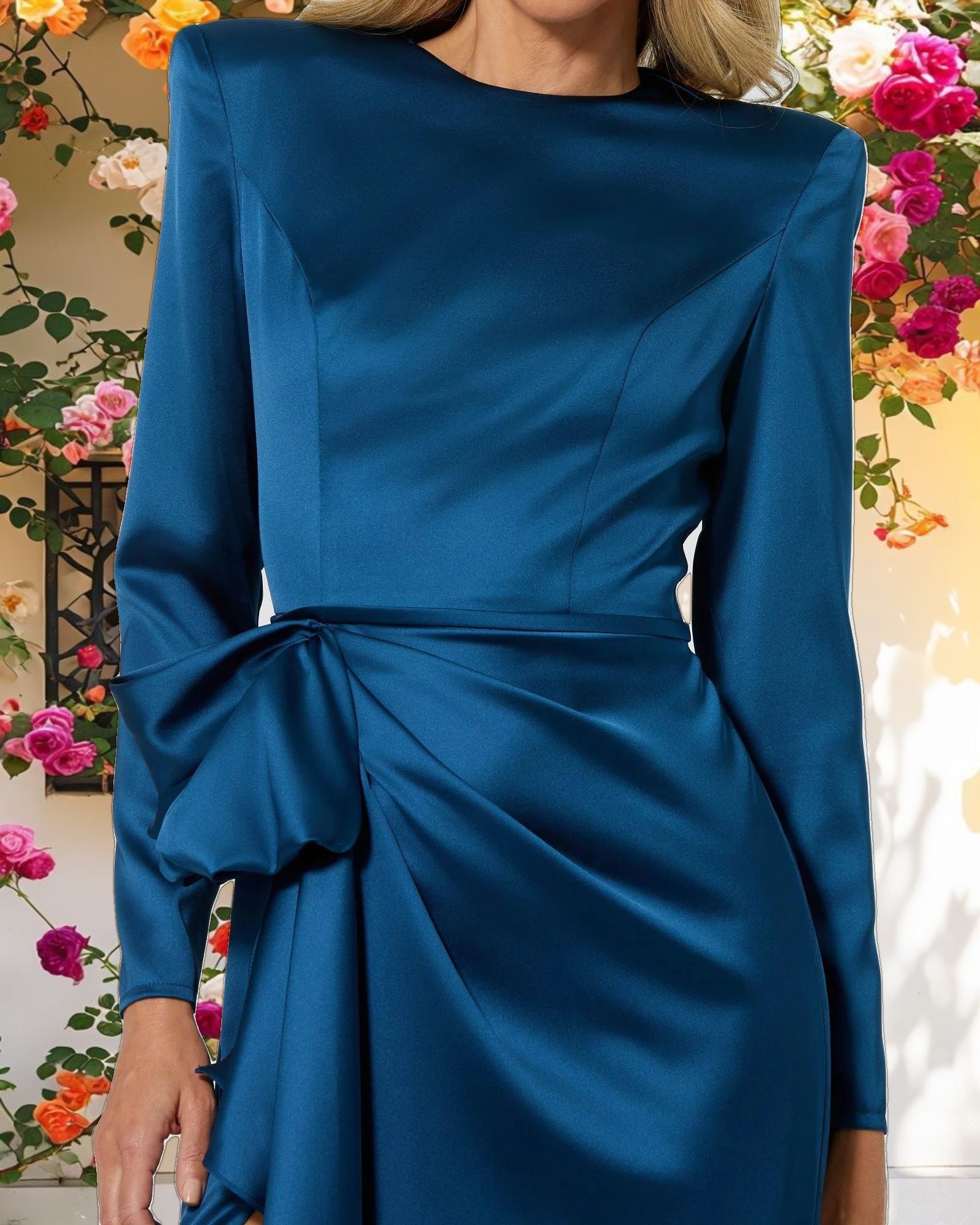 Blue Long Sleeve Satin Structured Bow Draped Column Gown