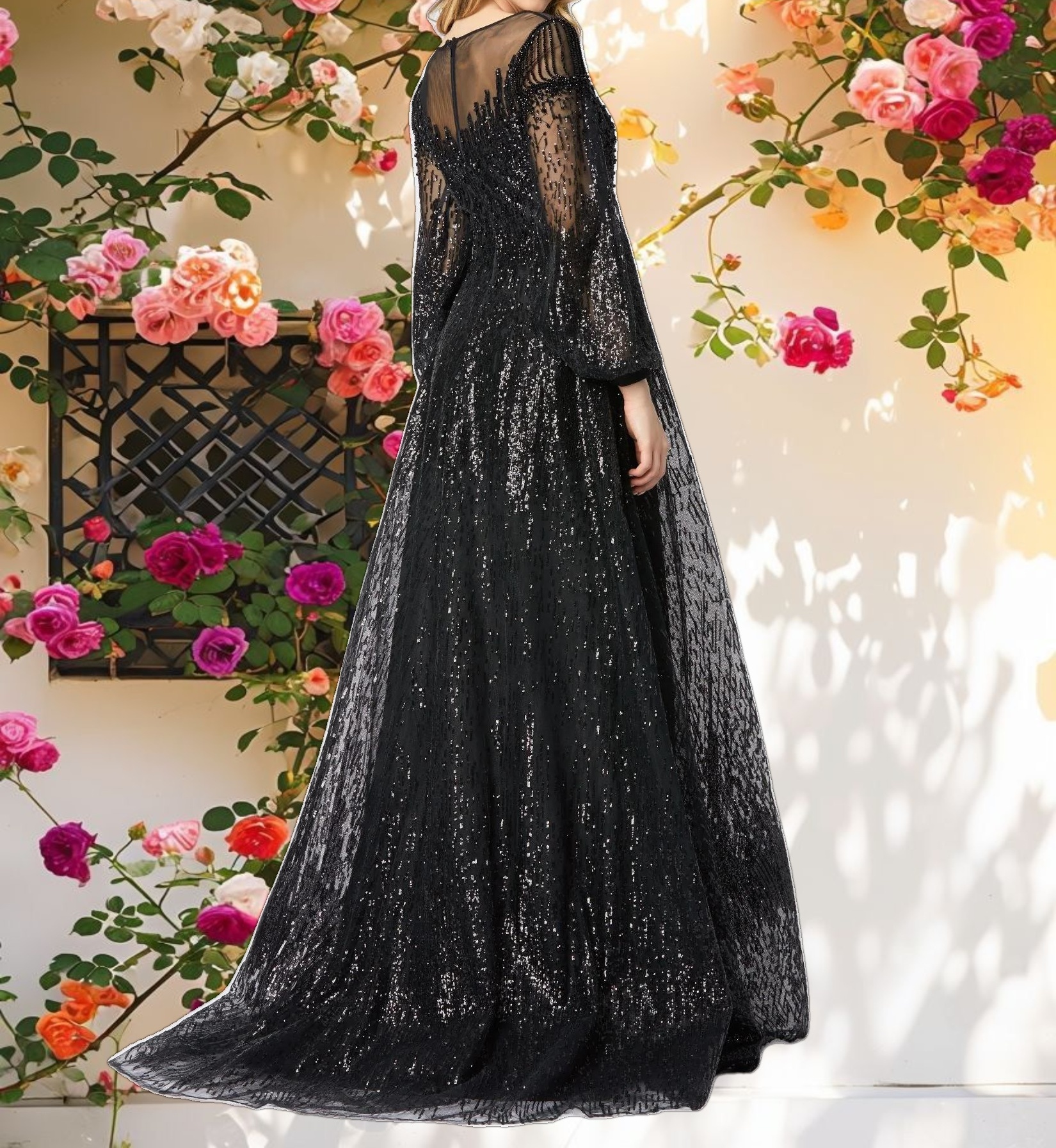 Black Jewel Encrusted Illusion Long Sleeve A Line Gown