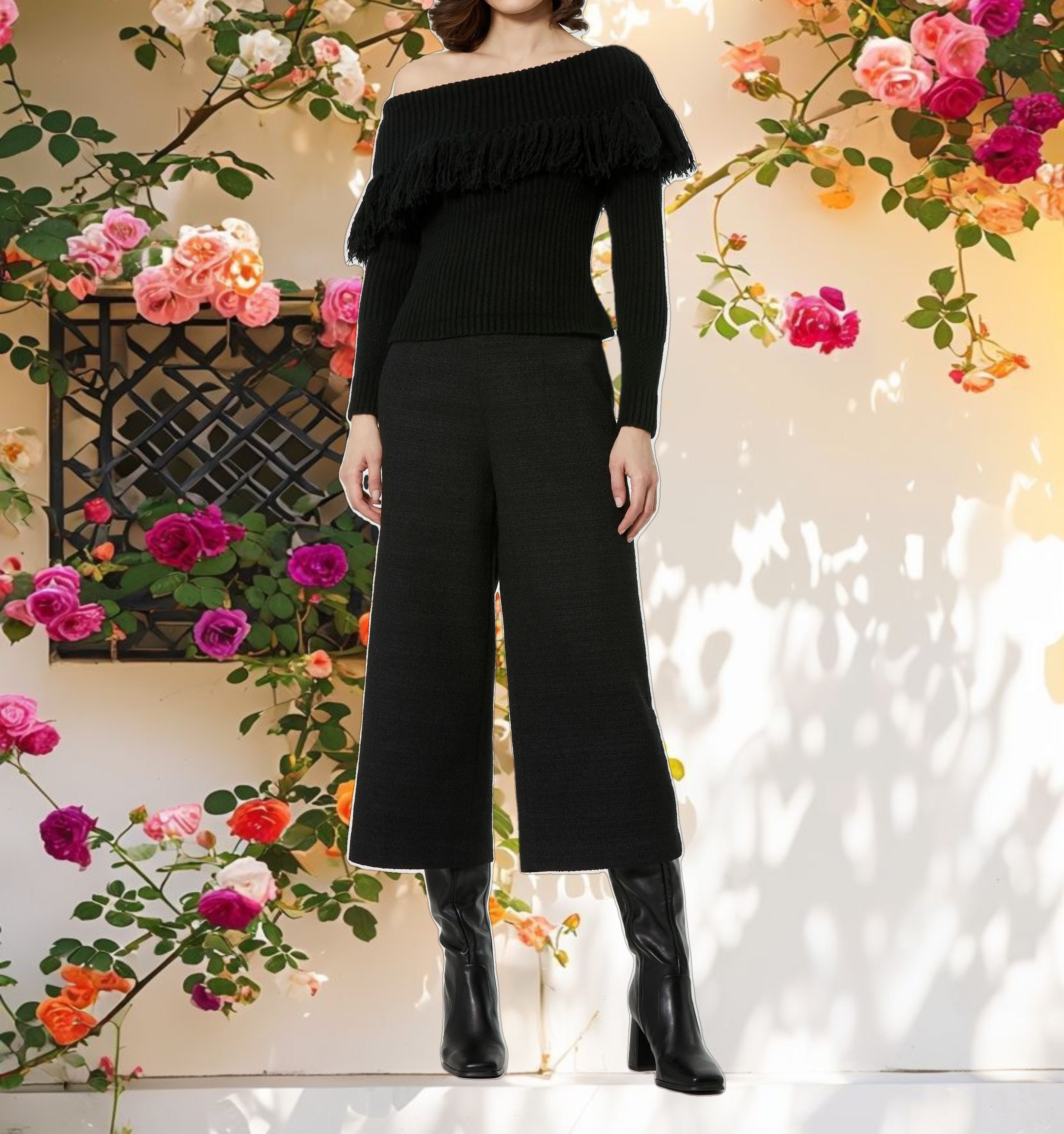 Black Off The Shoulder Fringe Knit Sweater