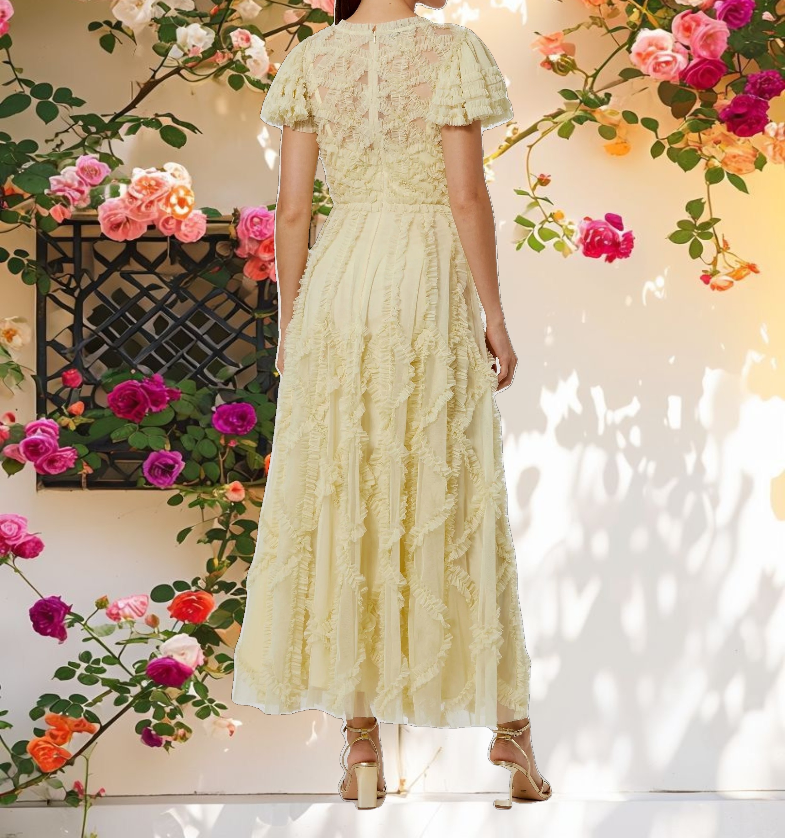 Yellow A line Micro Ruffle Midi Dress