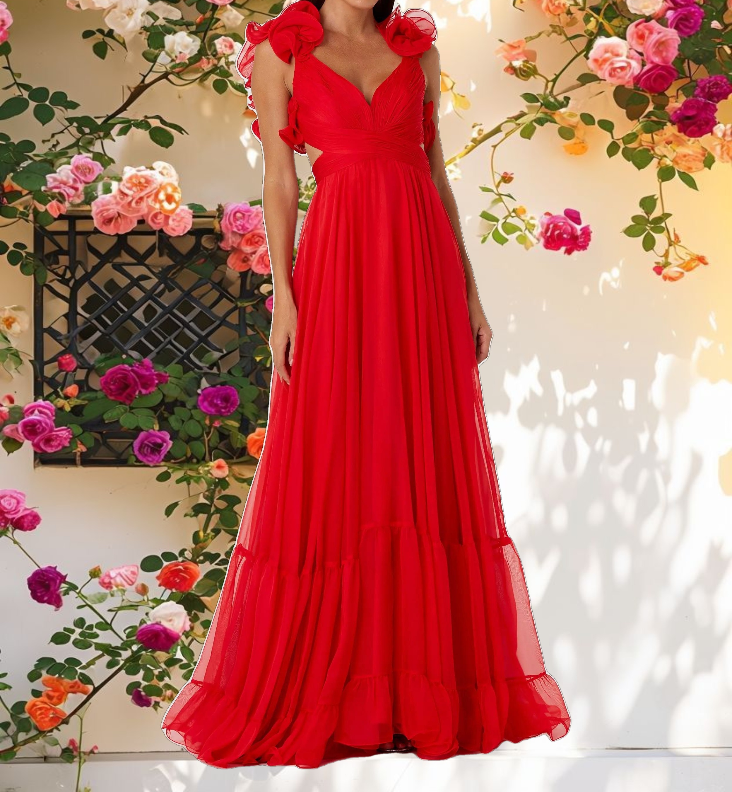 Ruffle Tiered Cut Out Chiffon Gown