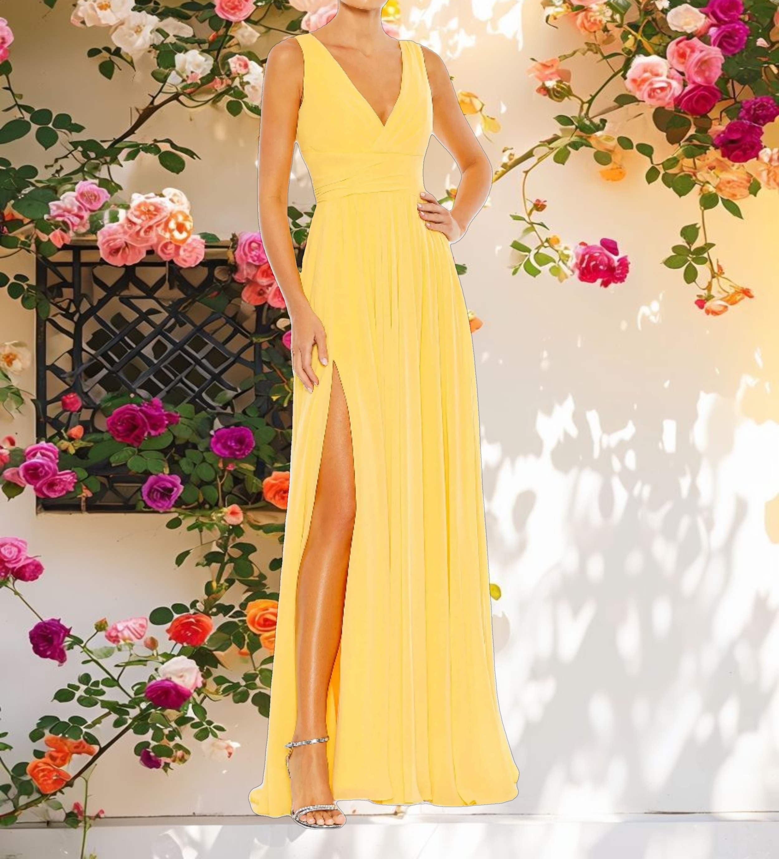 Yellow Chiffon Sleeveless Wrap Over A Line Gown