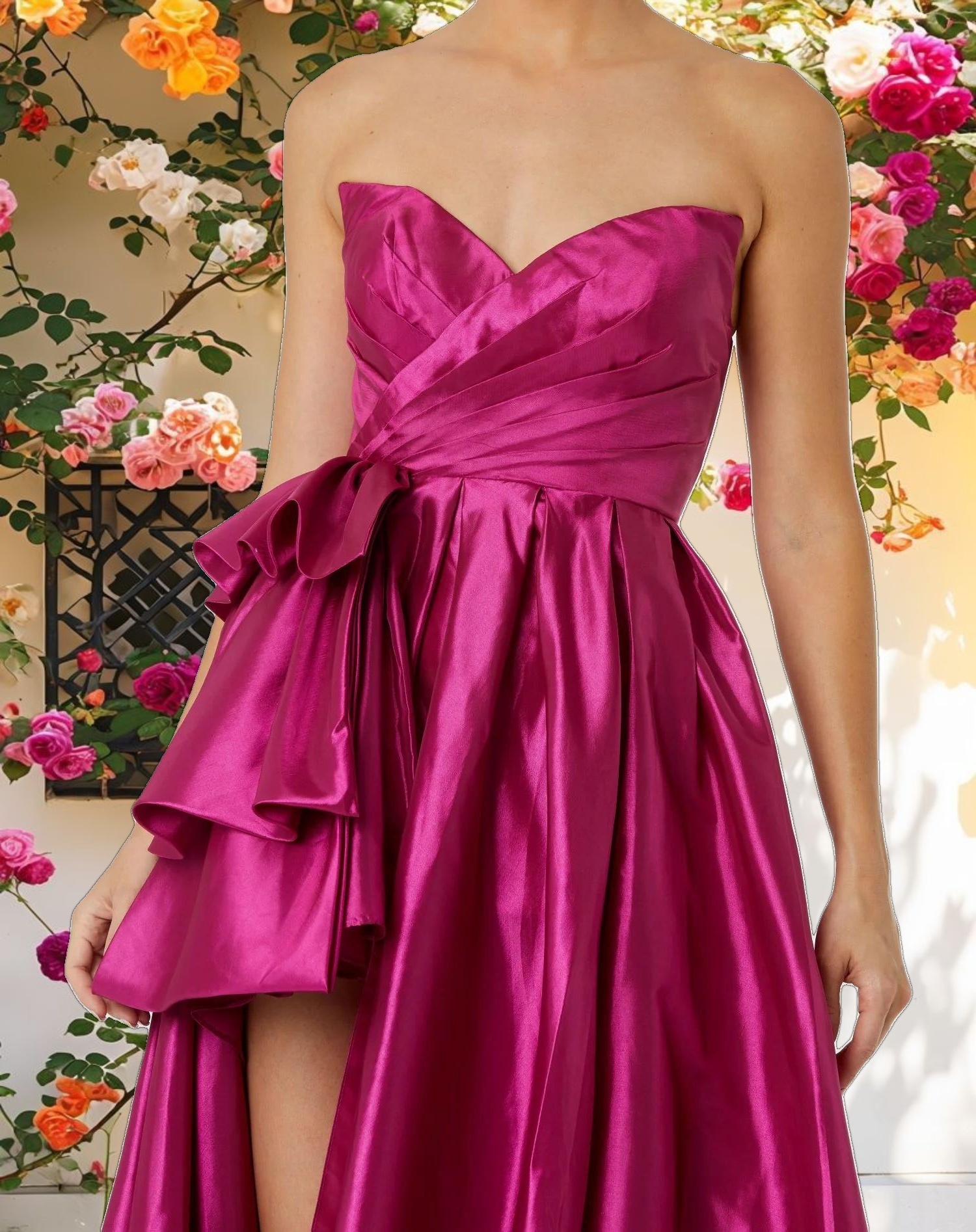 Ruffle Taffeta Dress with Slit