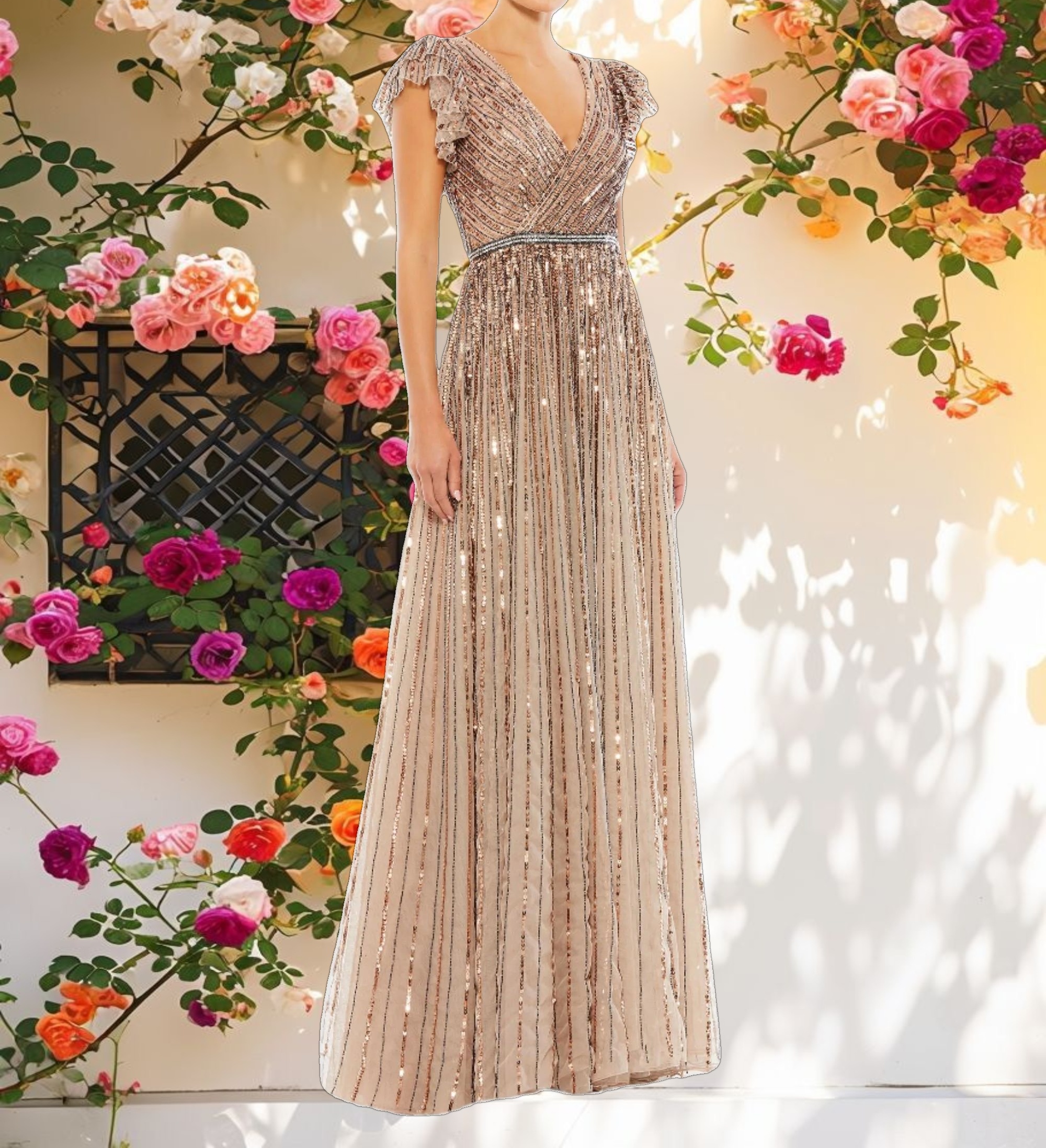 Golden Beaded Wrap Gown