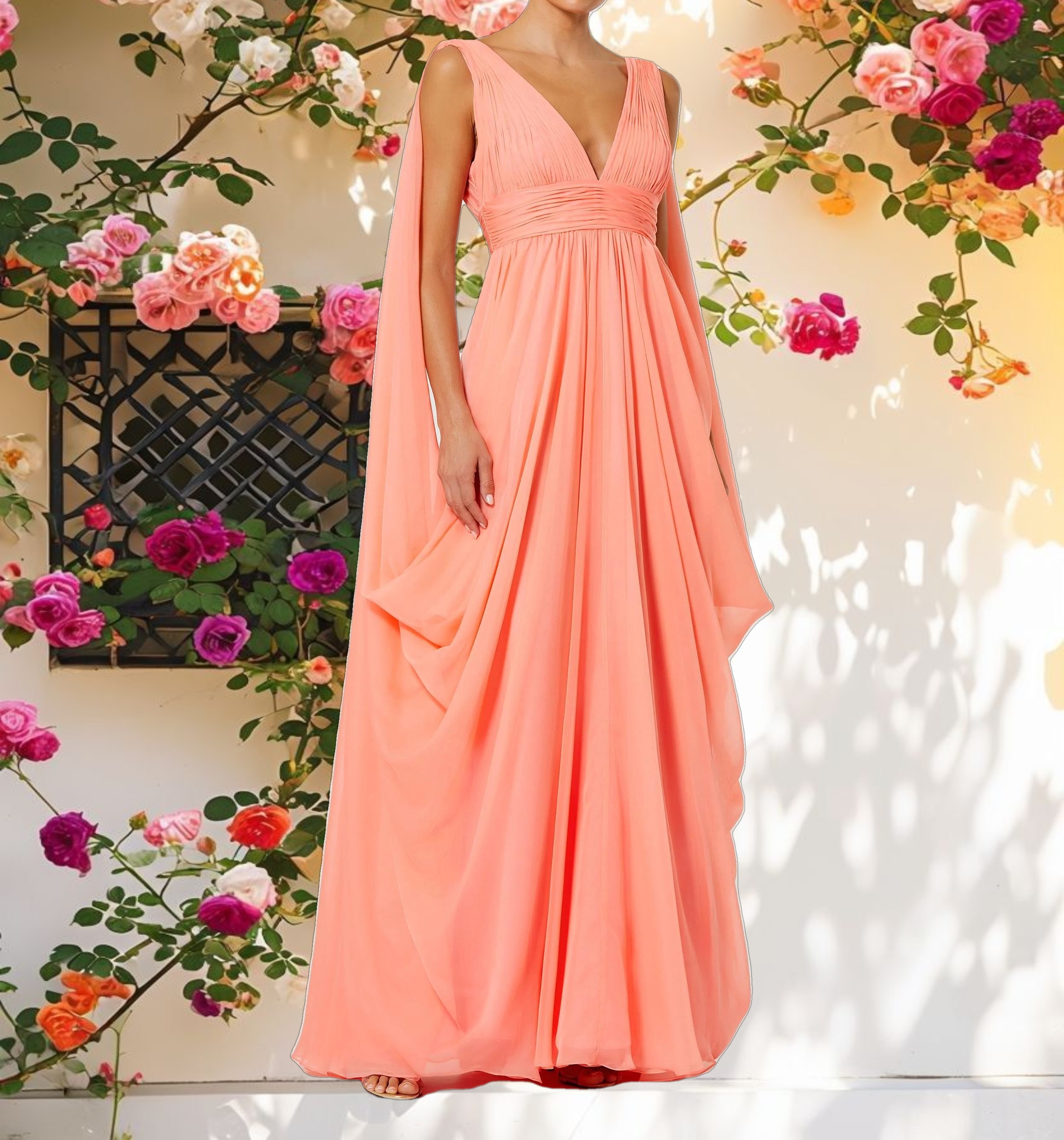 Pink V Neck Chiffon Evening Dress With Draping Details