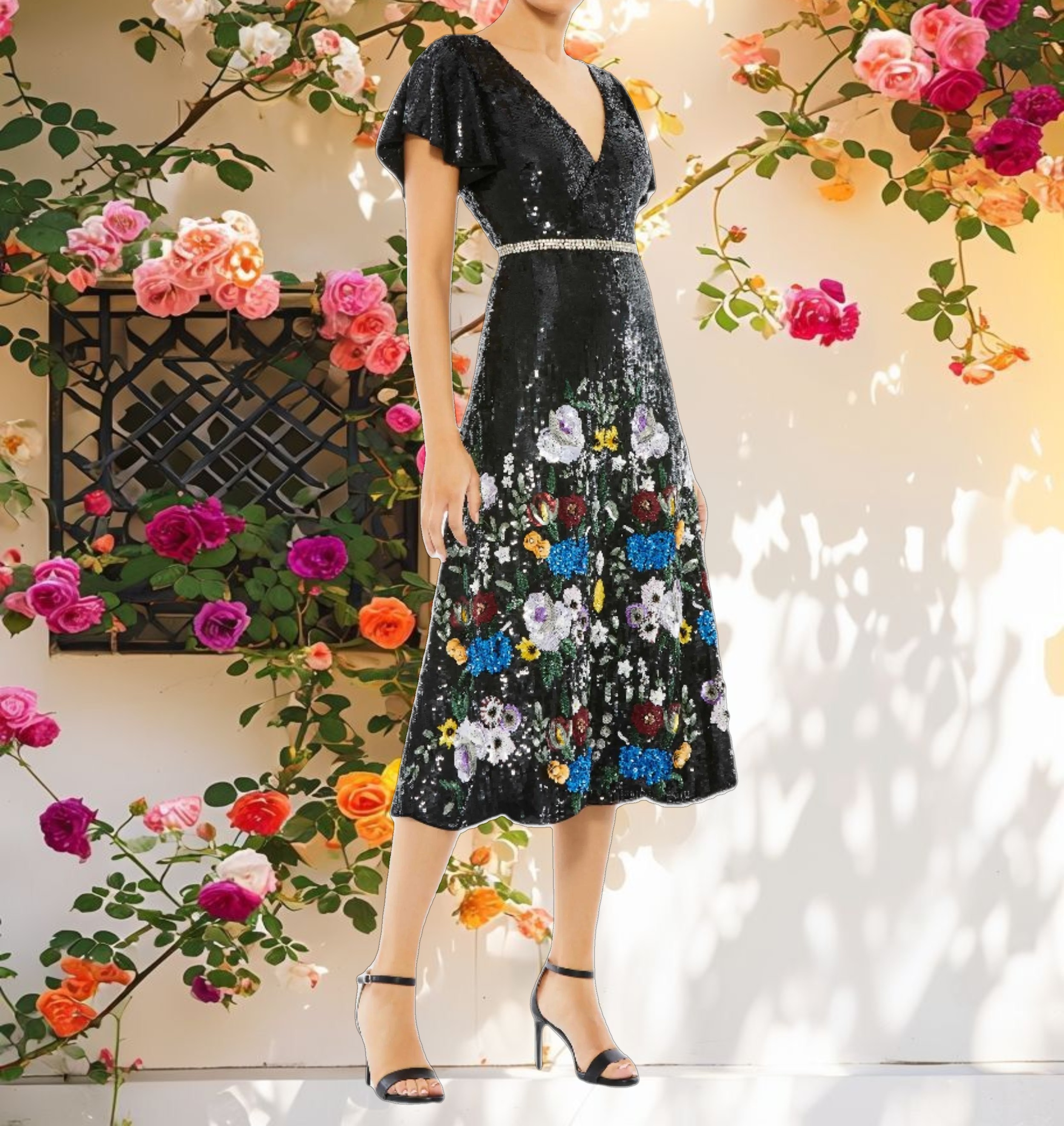 Floral Sequin Flutter Sleeve Aline Wrap Dress