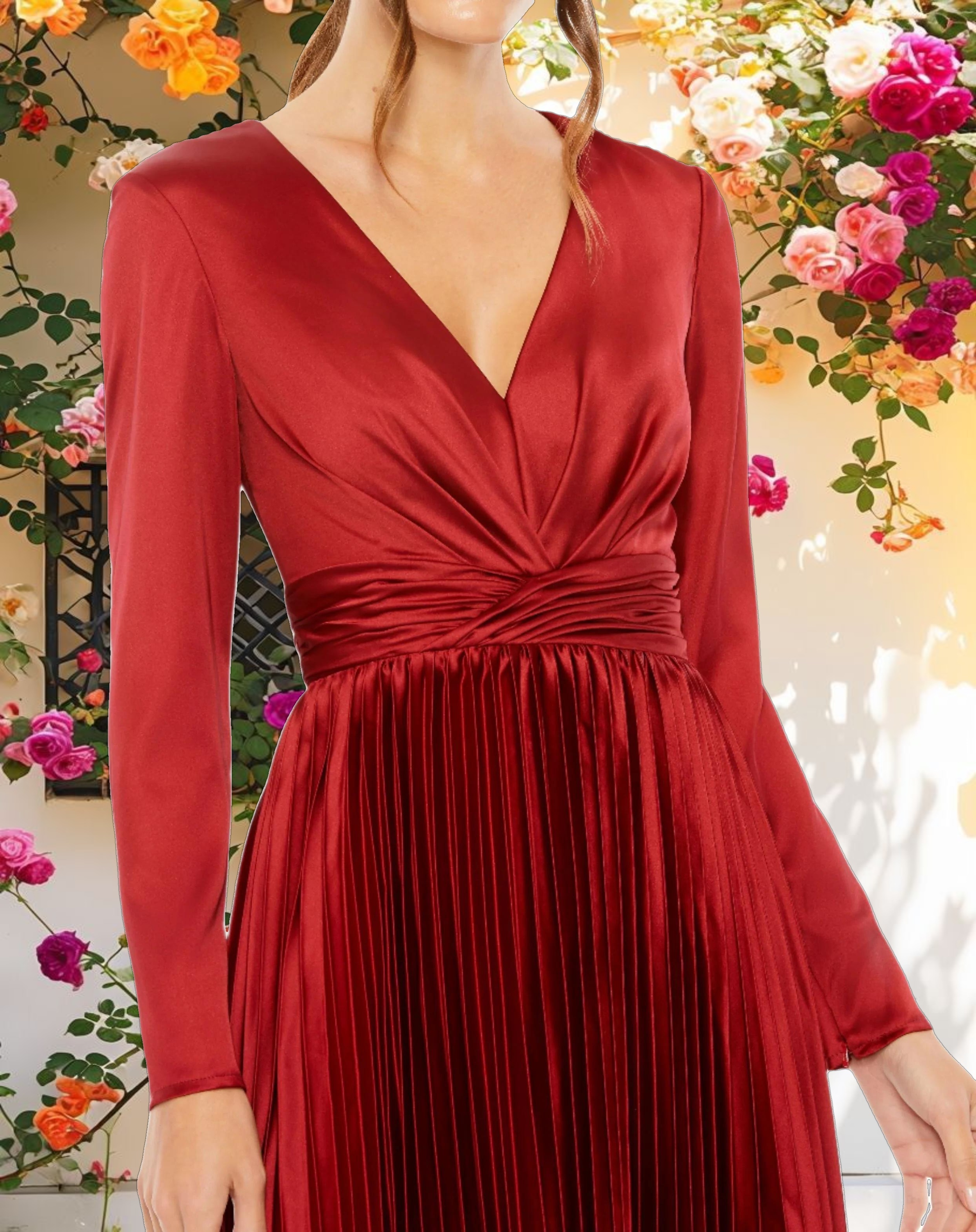 Deep Red Pleated Long Sleeve V Neck Dress