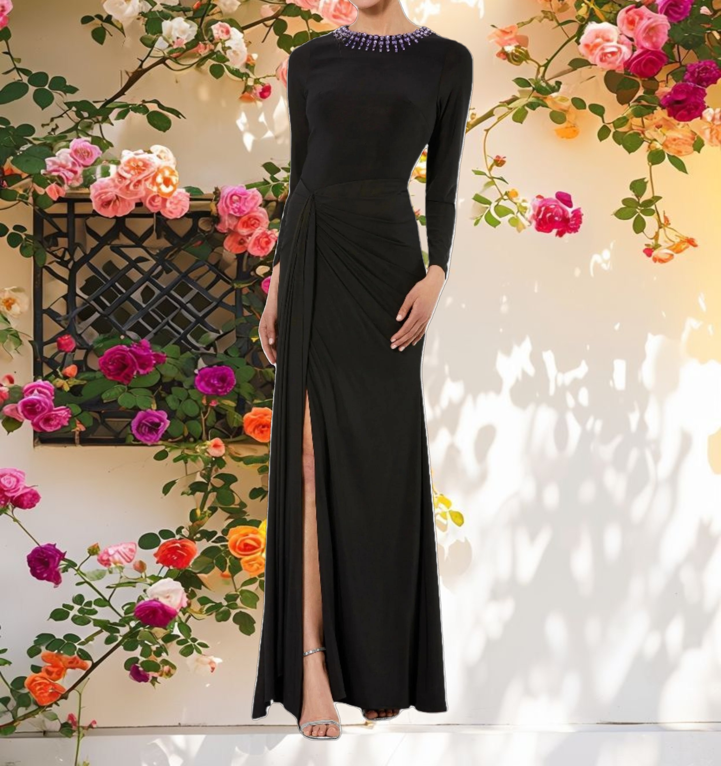 Black Long Sleeve Jersey Ruched Gown With Beaded Neck
