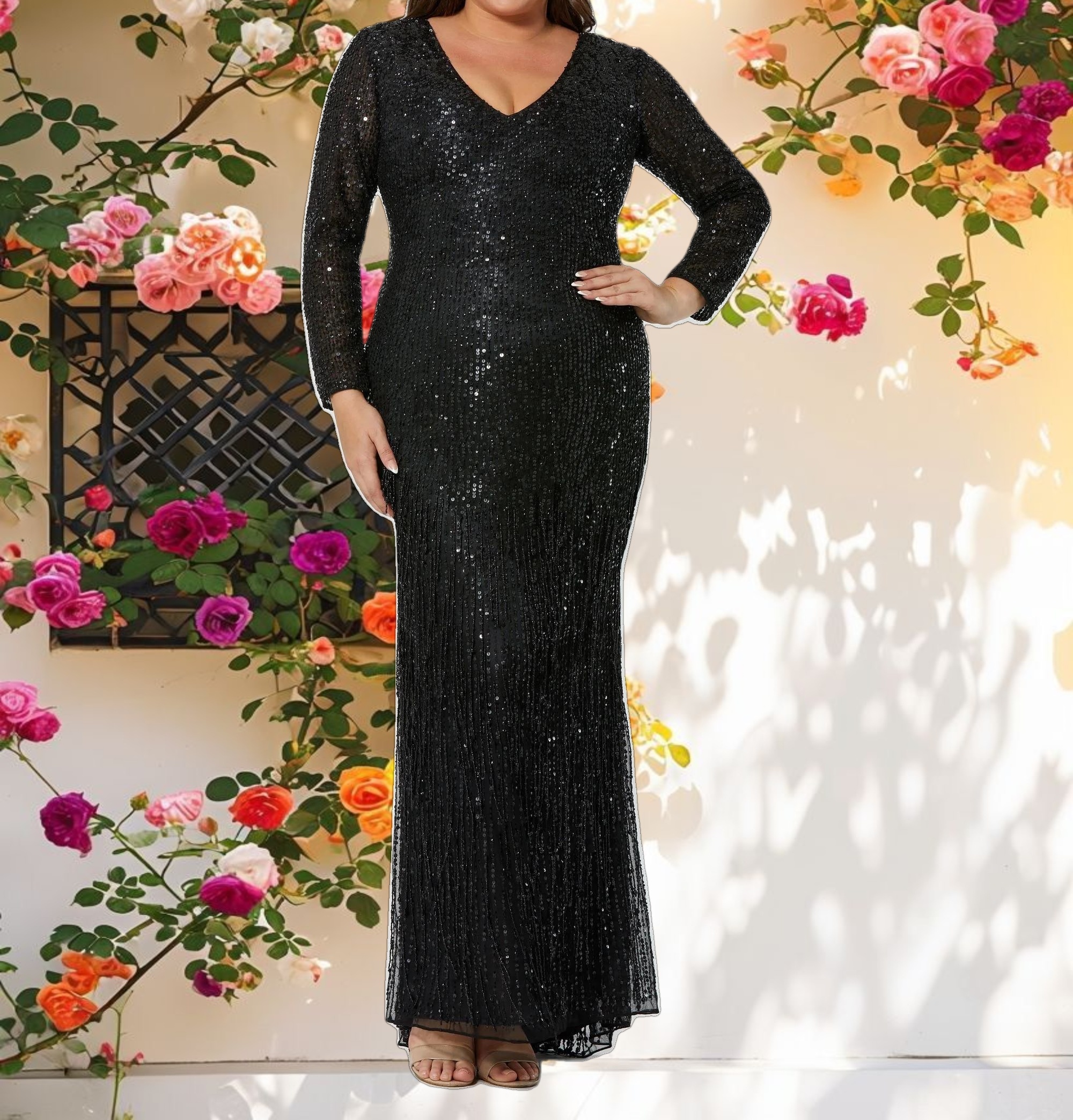 Black Long Sleeve V Neck Beaded Fringe Gown