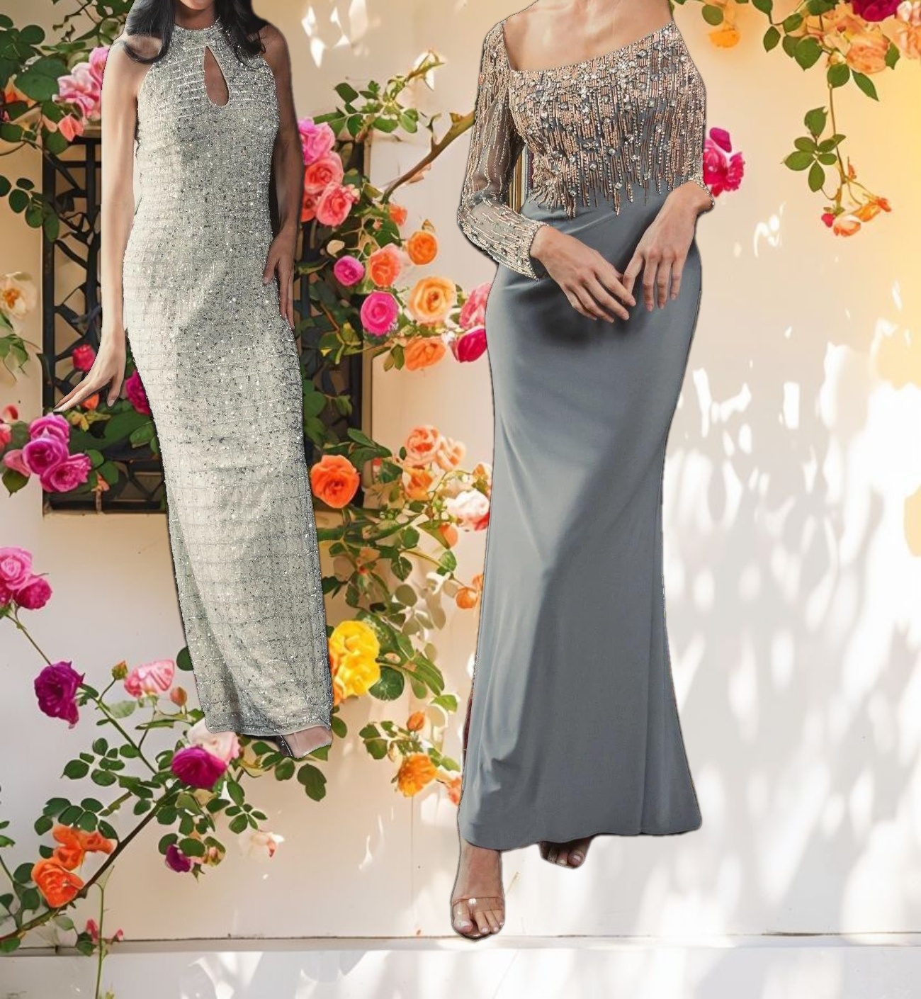 Gray Beaded Square Neck Long Sleeve Jersey Gown