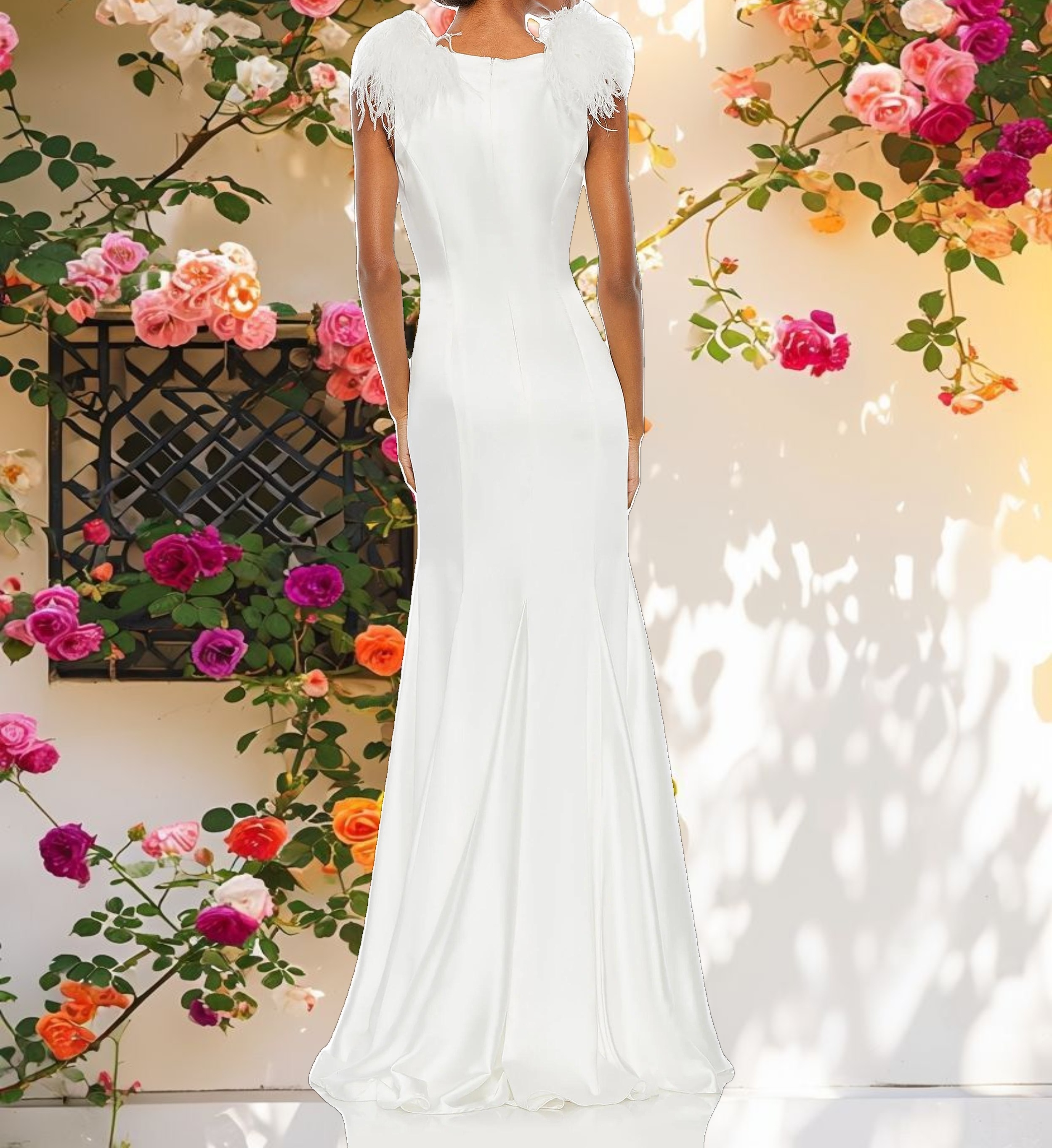 White Feather Shoulder V Neck Gown