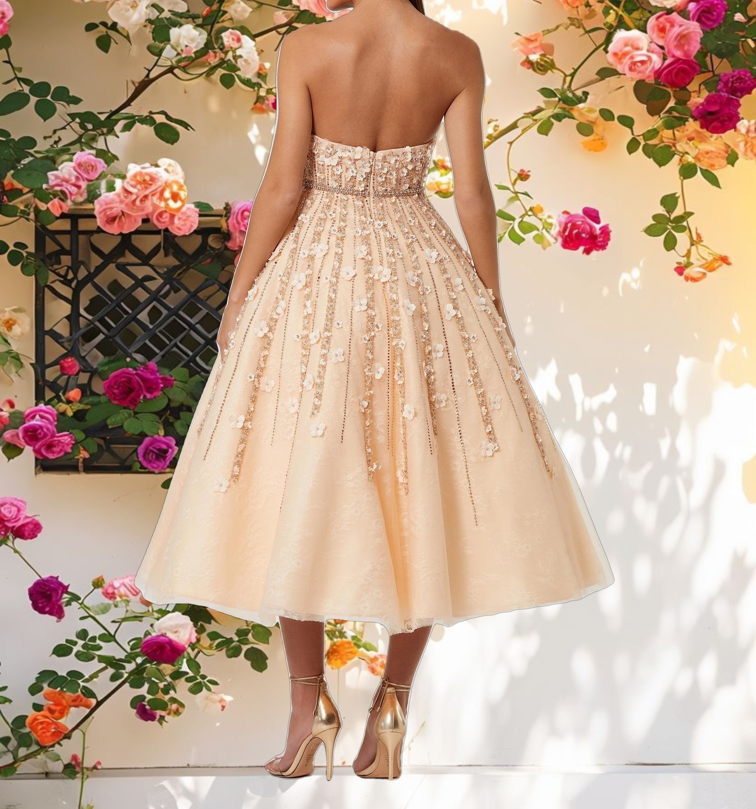 Pink Decorated Lace Strapless A Line Midi Dress