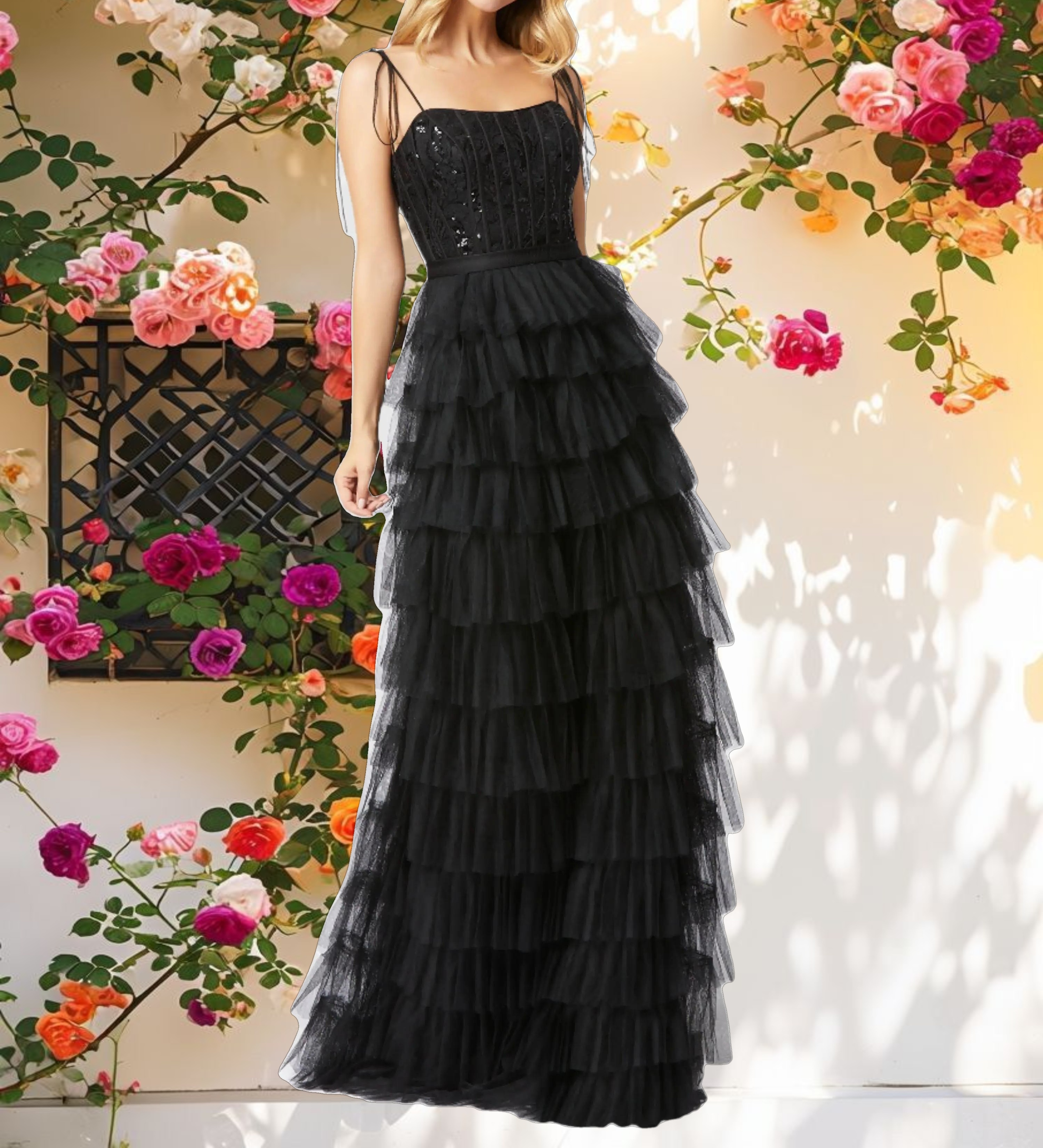 Black Sequined Bustier Tiered Ruffle Gown