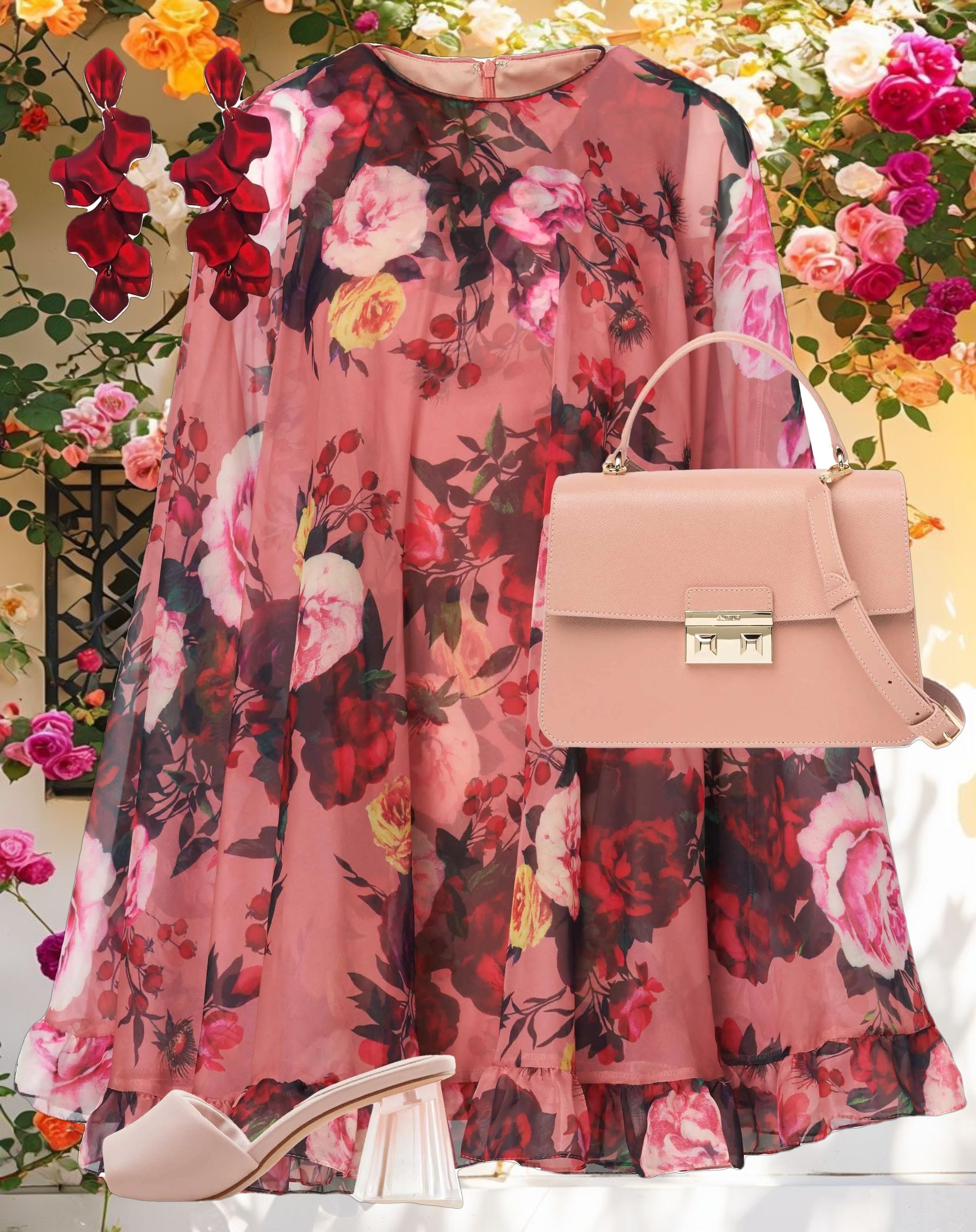 Multicolor Floral Print High Neck Ruffle Hem Cape Mini Dress