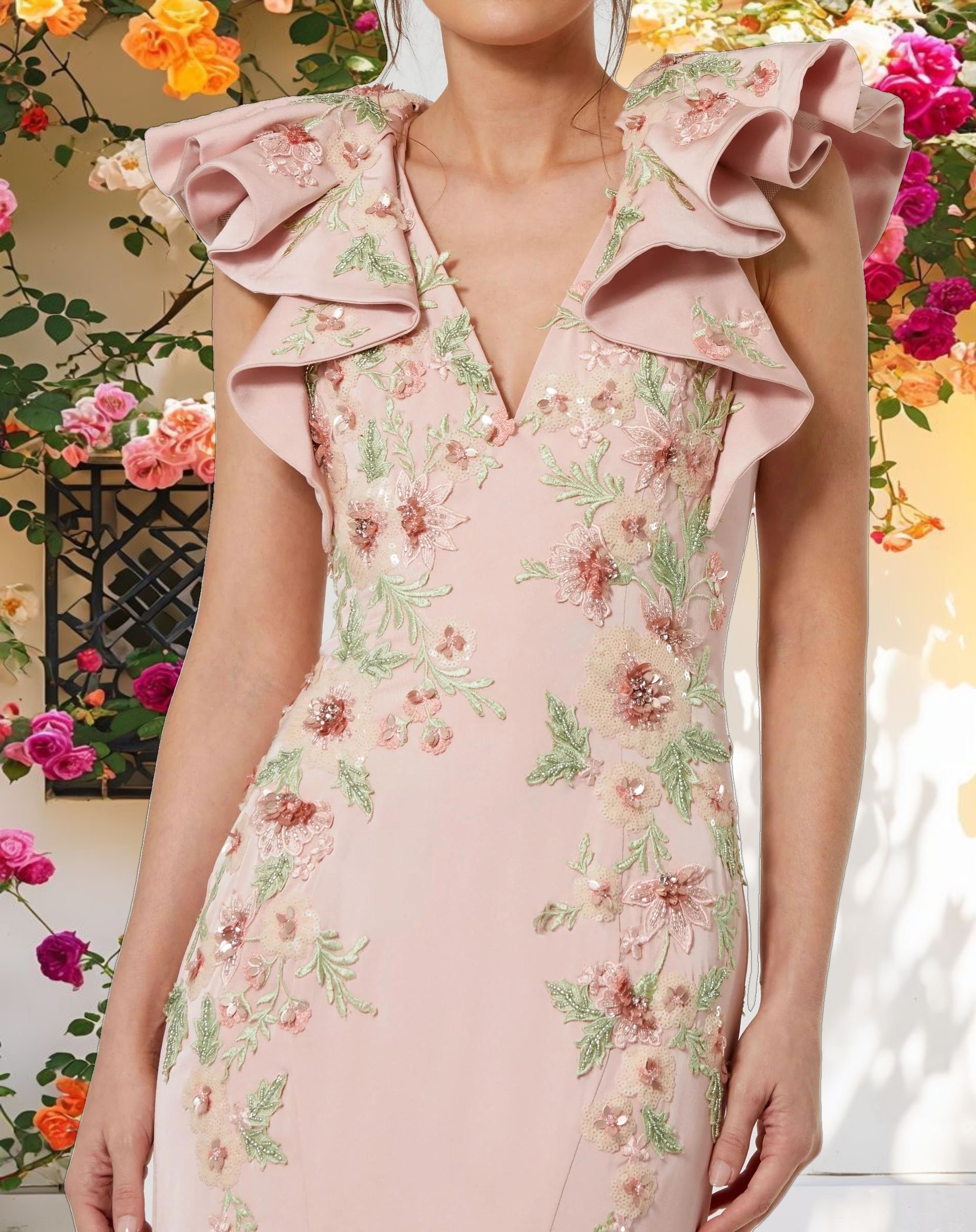 Pink Flutter Sleeve Decorated Mermaid Dress