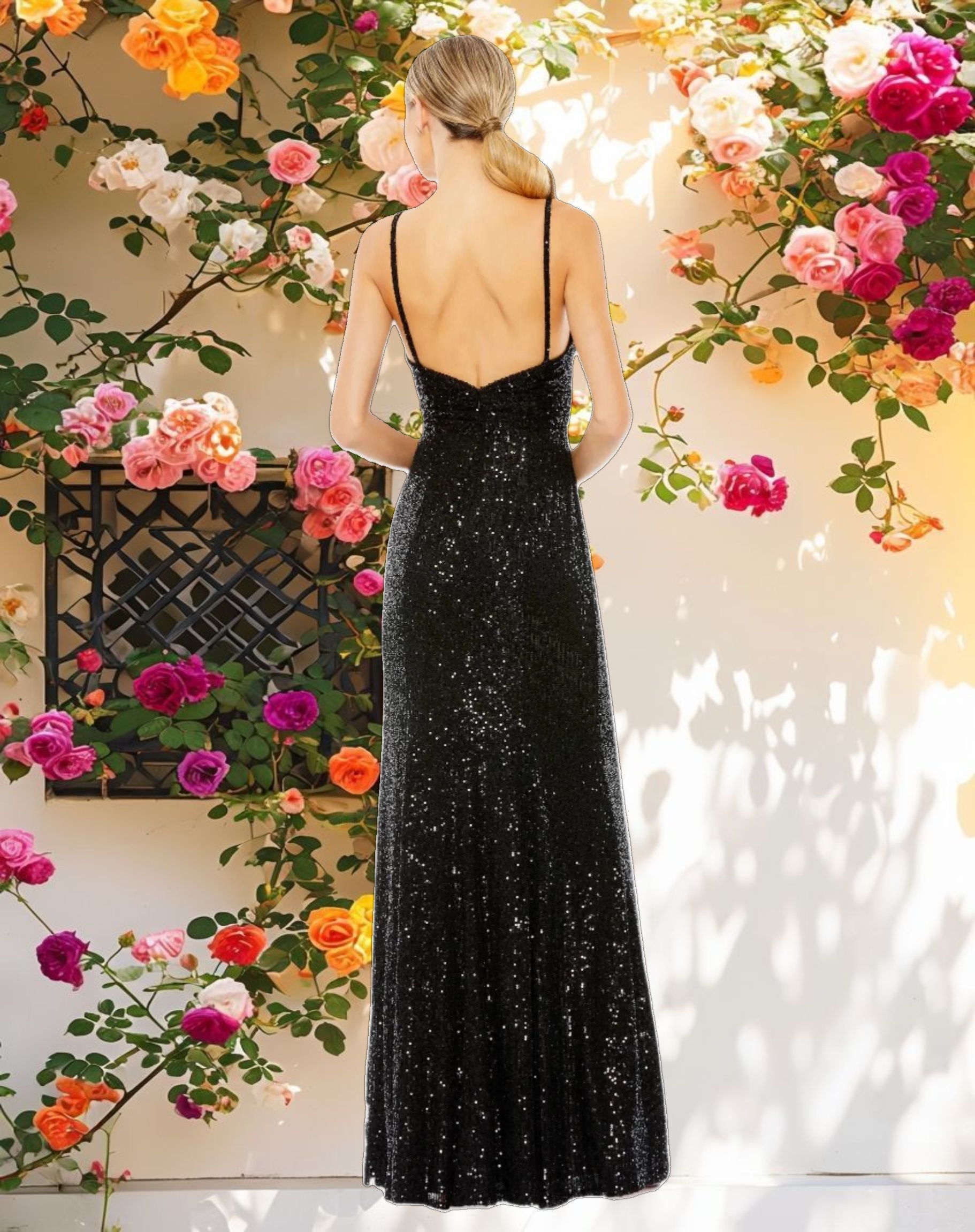 Black Sequined Draped V Neck Gown