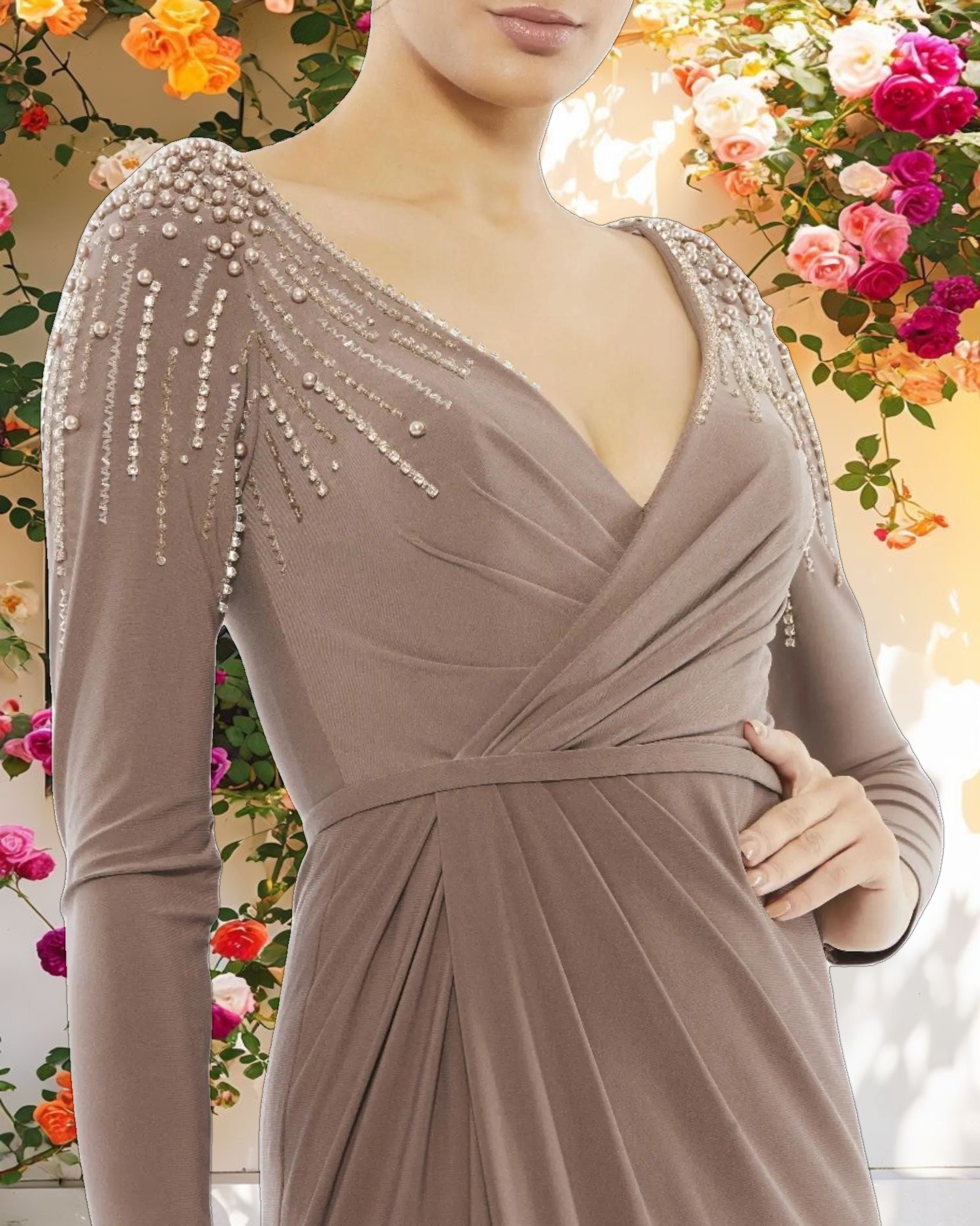 Brown Faux Wrap Jersey Gown w/ Embellished Accents