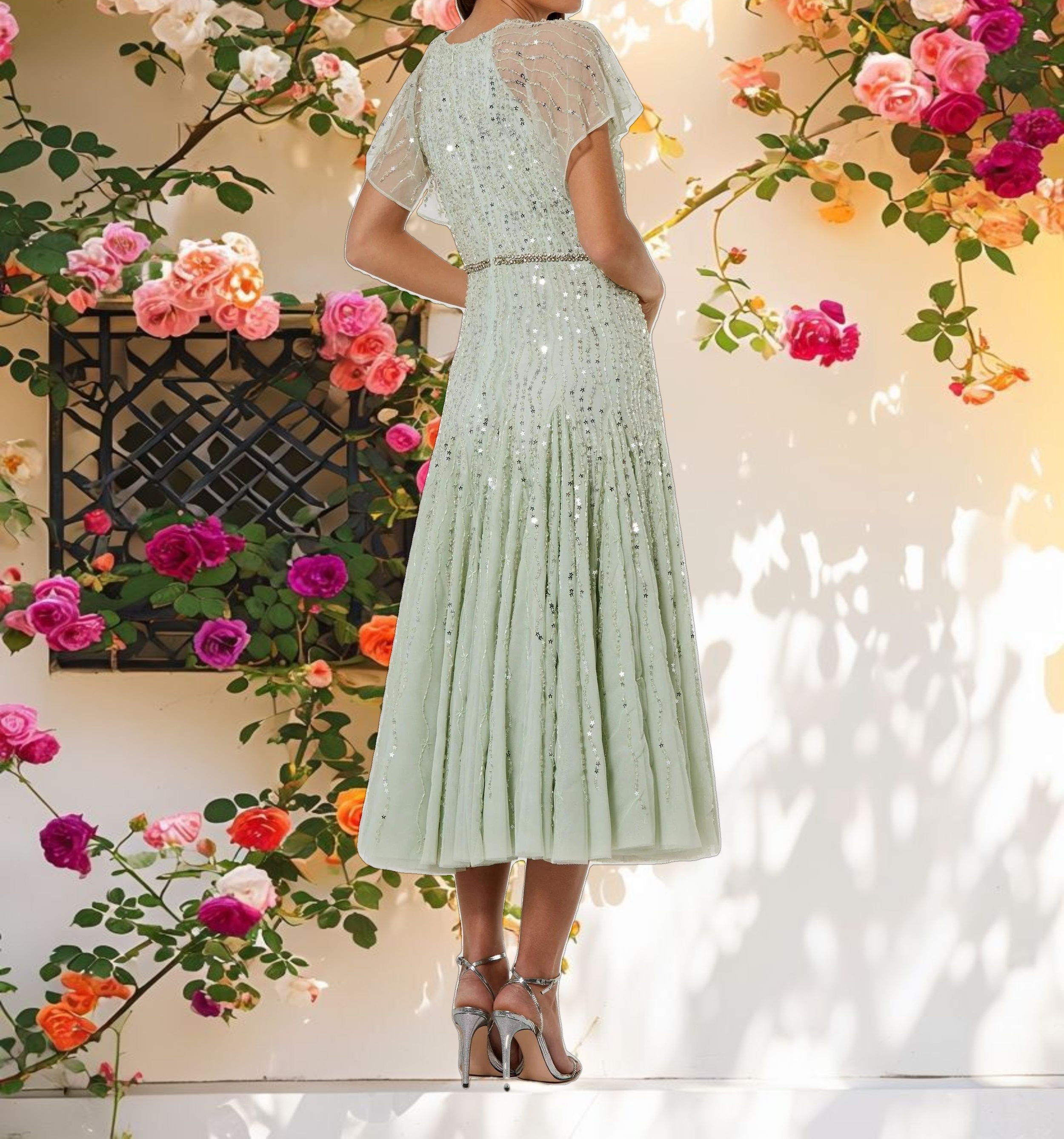 Green Embellished Bow Flutter Sleeve A Line Midi Dress