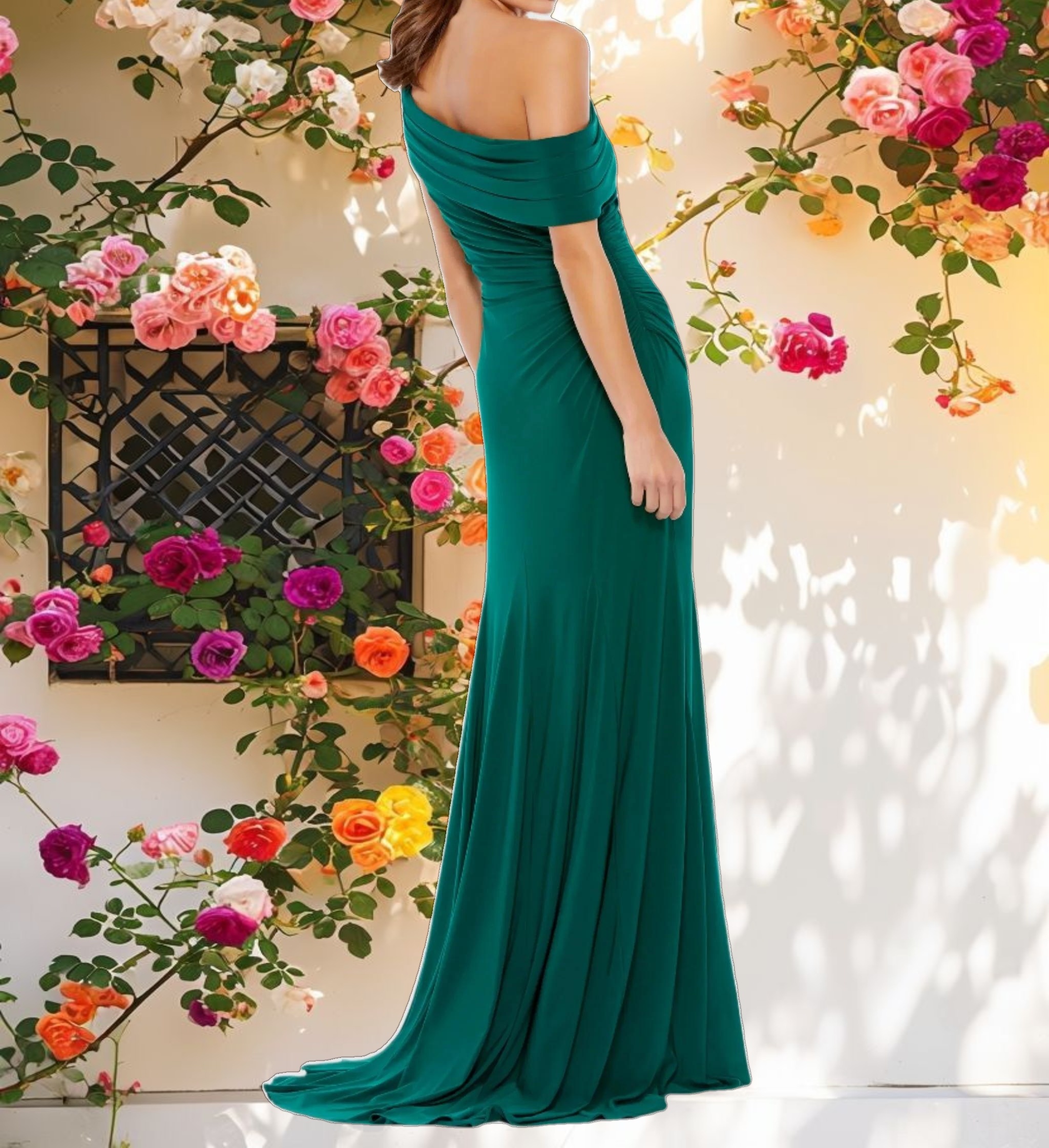 Dark Green Foldover Off-the-Shoulder Slit Gown