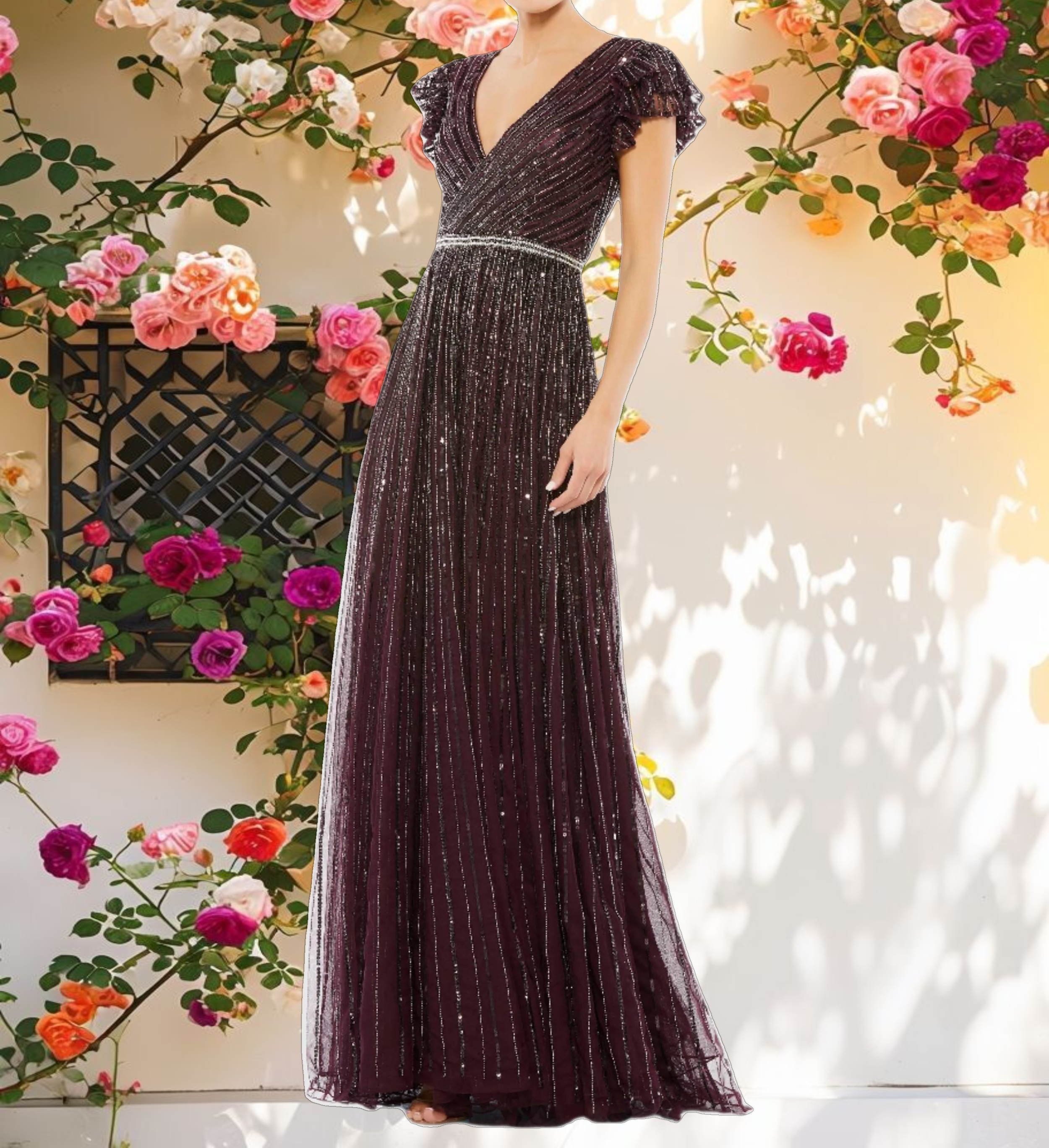 Dark Purple Sequined Wrap Over Ruffled Cap Sleeve Gown