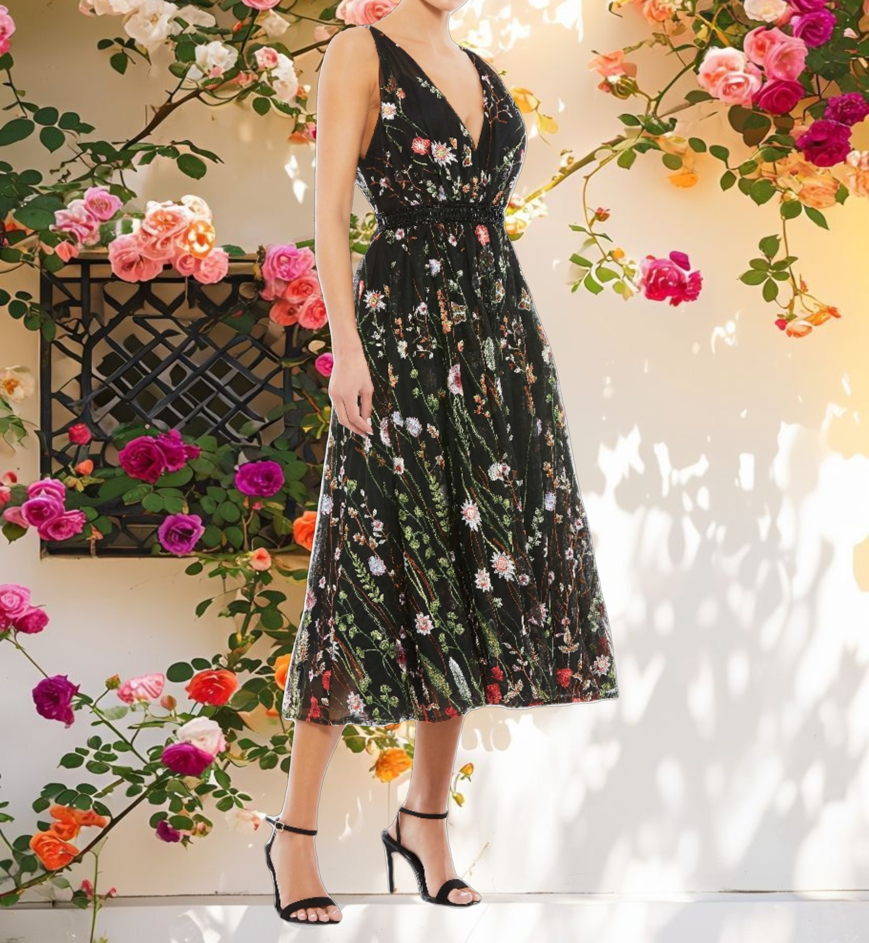 Black Floral Embroidered Midi Dress
