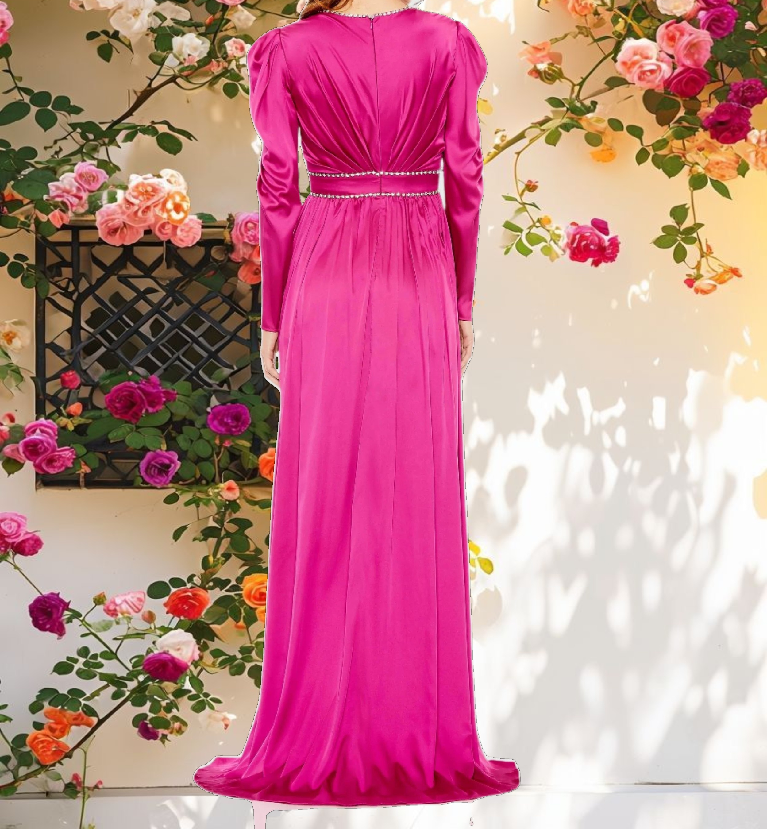 Pink Rhinestone Trim Puff Sleeve Gathered Gown