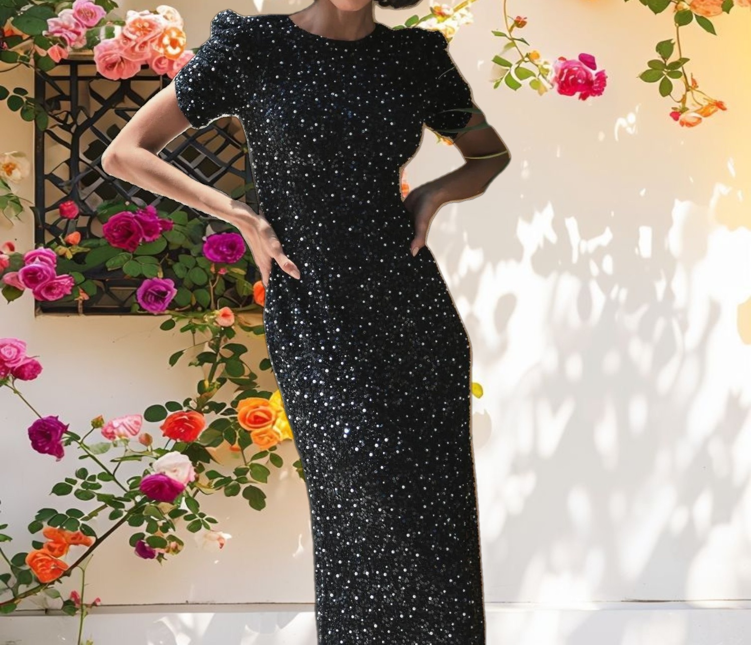 Gathered Short Sleeve Beaded Gown