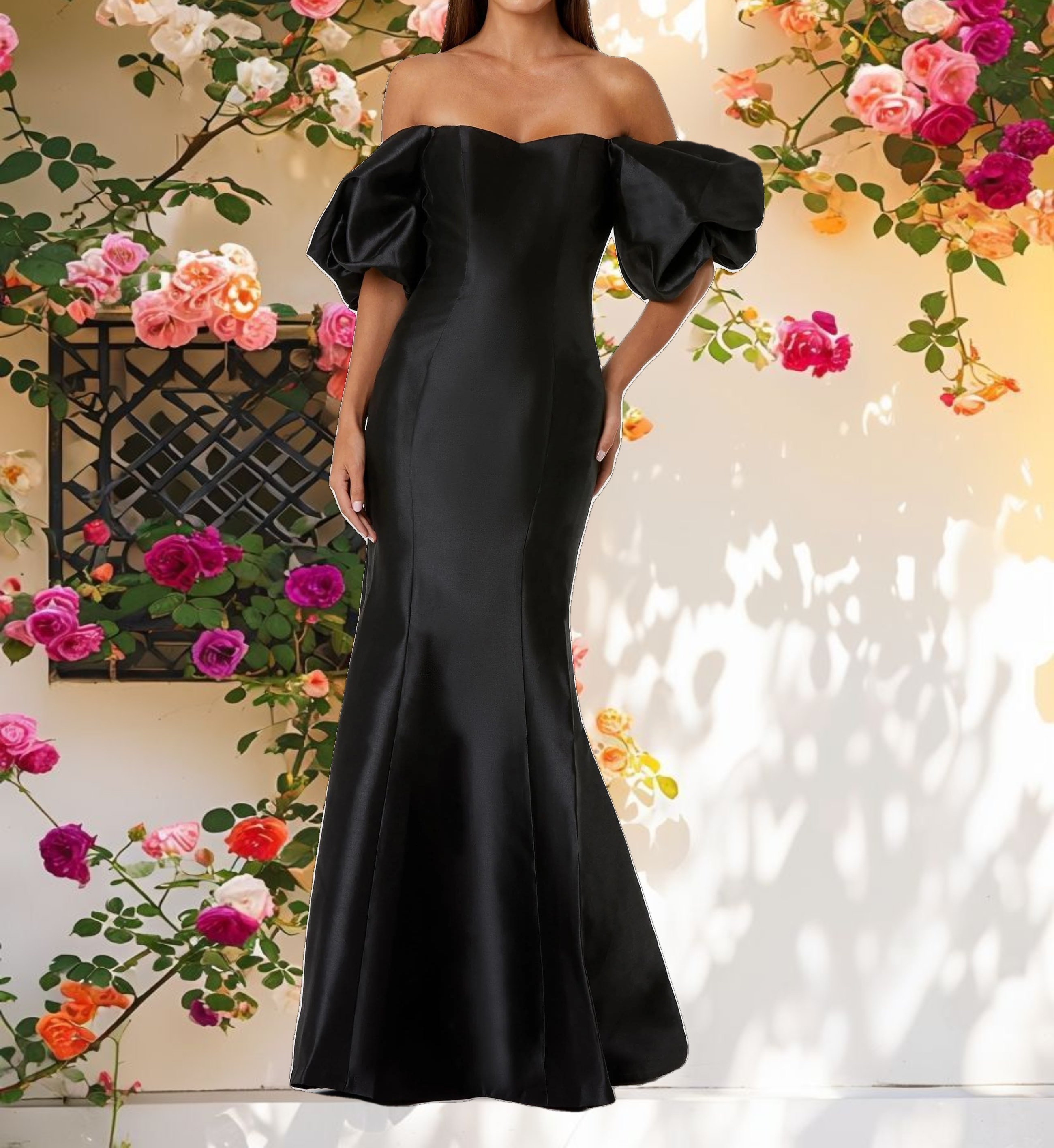Black Sweetheart Off The Shoulder Puff Sleeve Gown