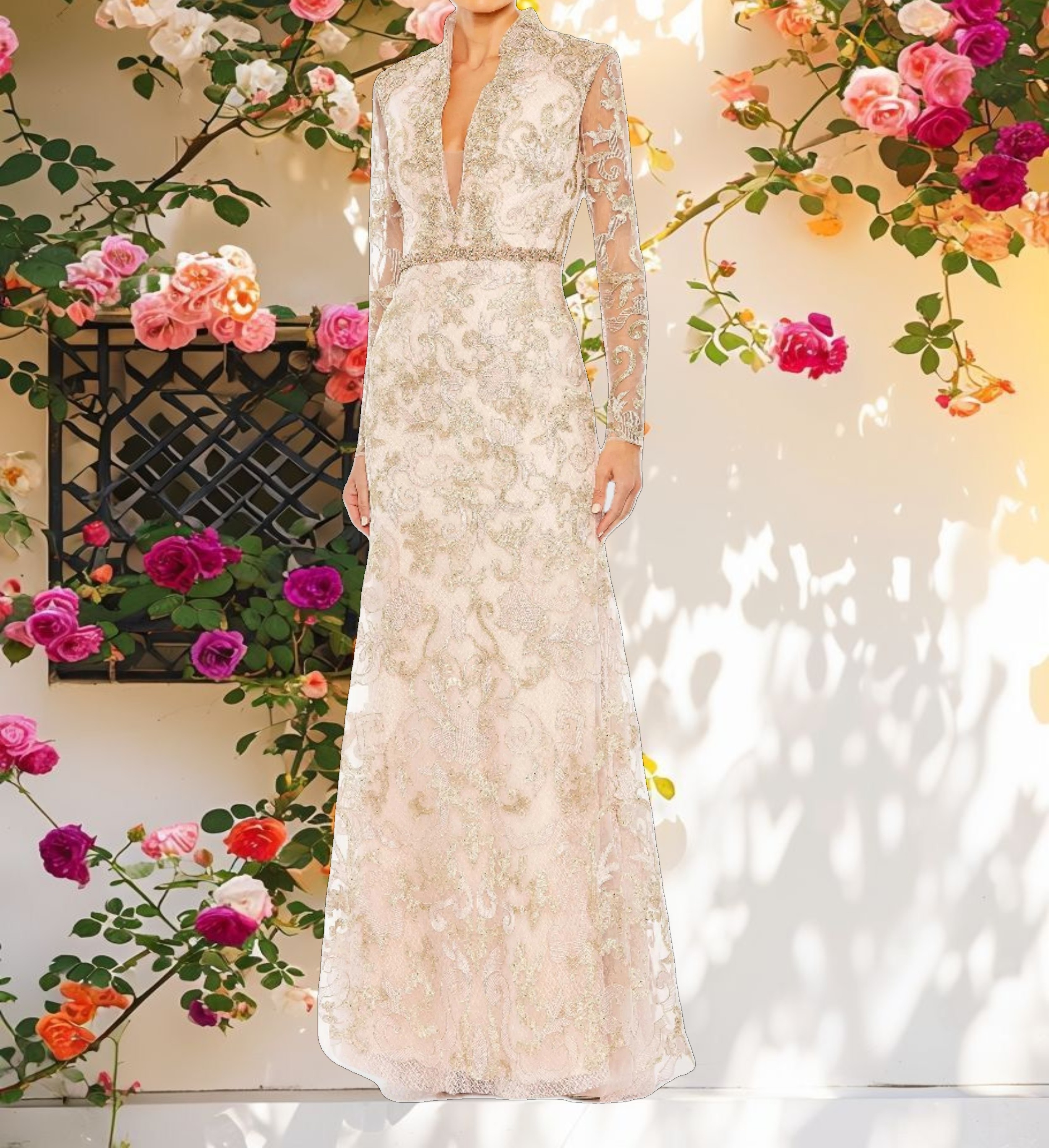 Beaded Lace Long Sleeve V Neck Gown