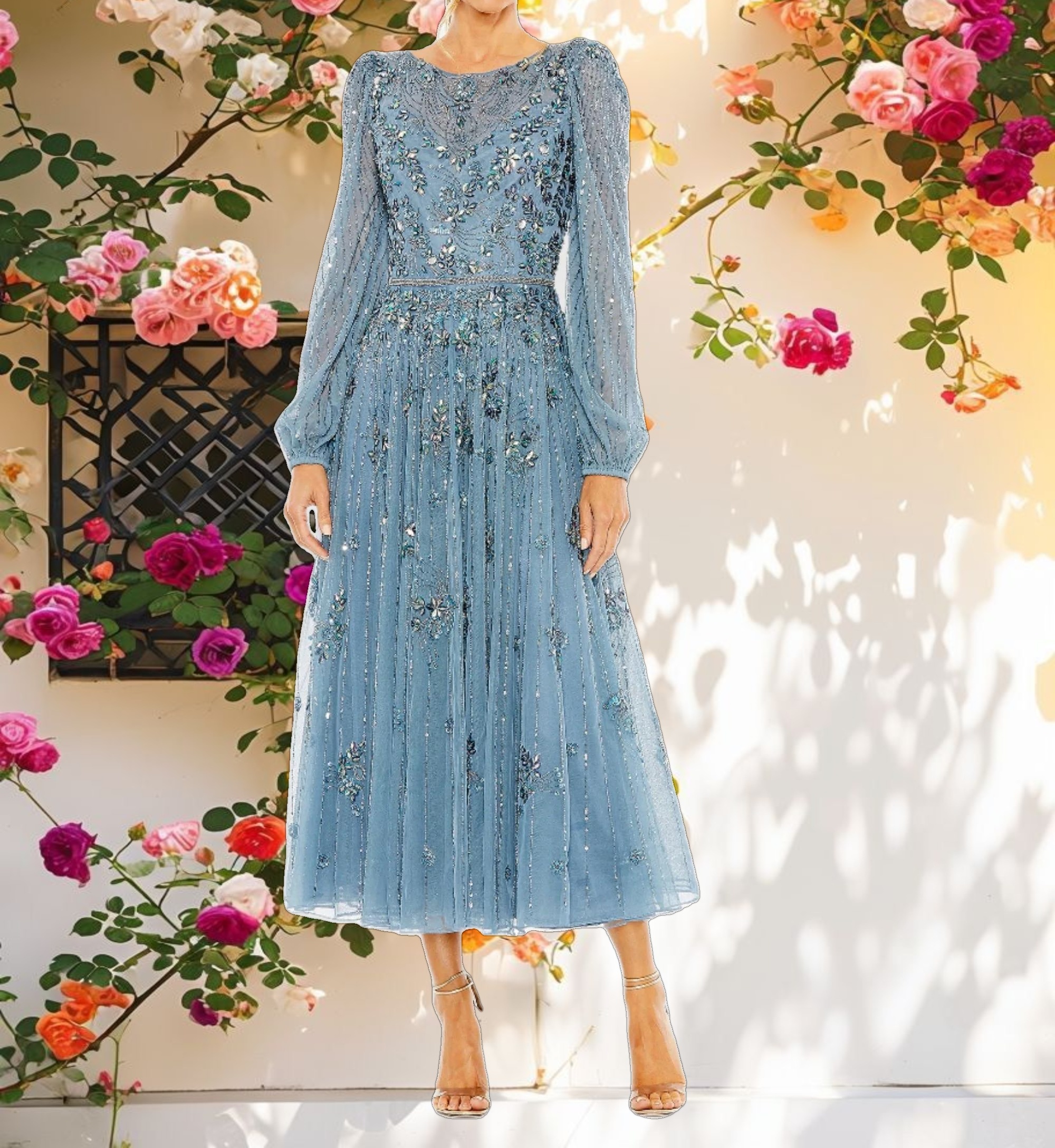 Blue Floral Embellished High Neck Puff Long Sleeve A Line Midi Dress