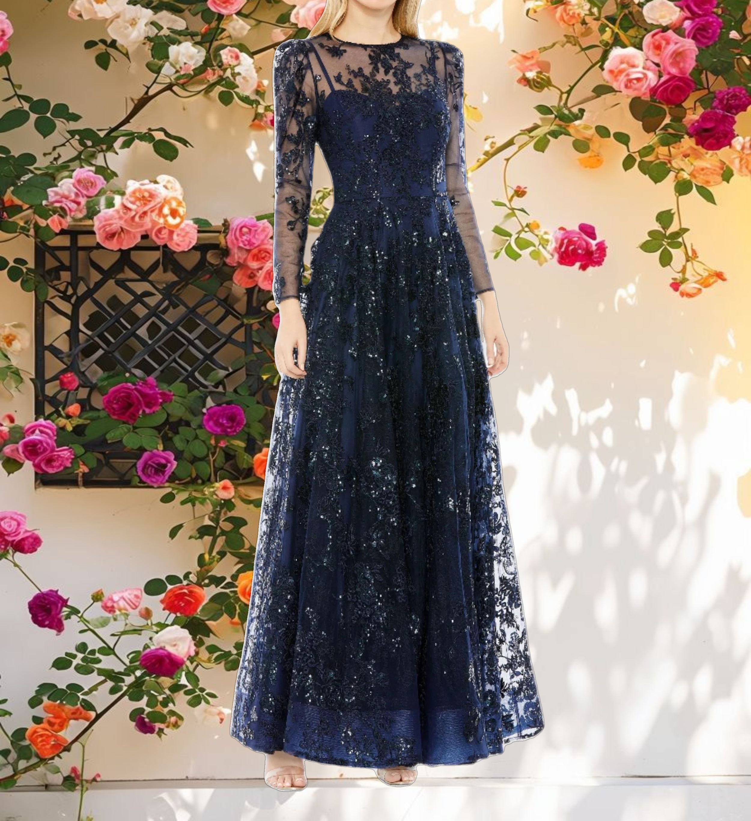 Embroidered Illusion High Neck A Line Dress