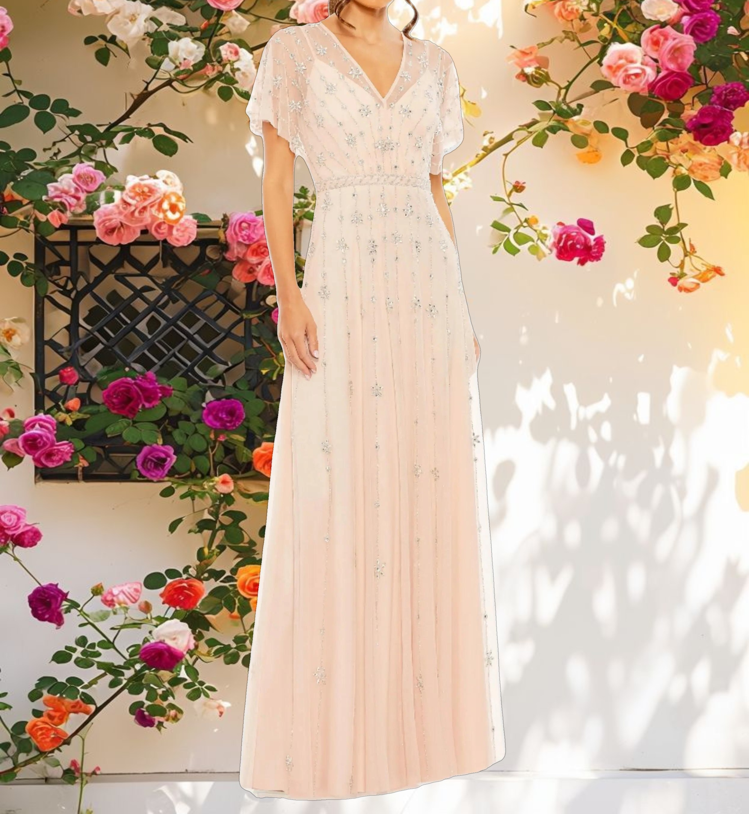 Pink V Neck Embellished Flutter Sleeve A Line Gown