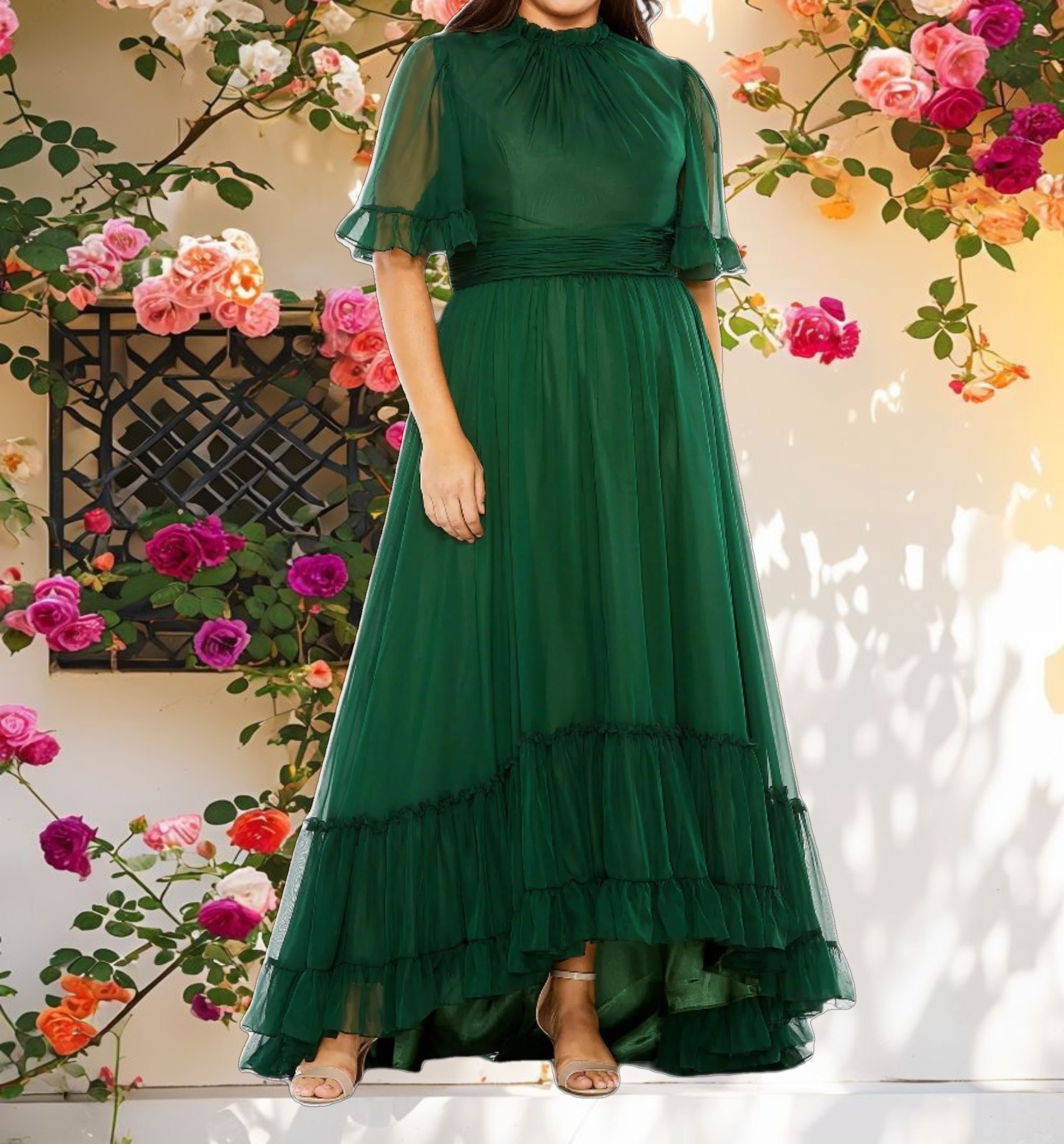 Green Ruffle Tiered High Low Flutter Sleeve Gown