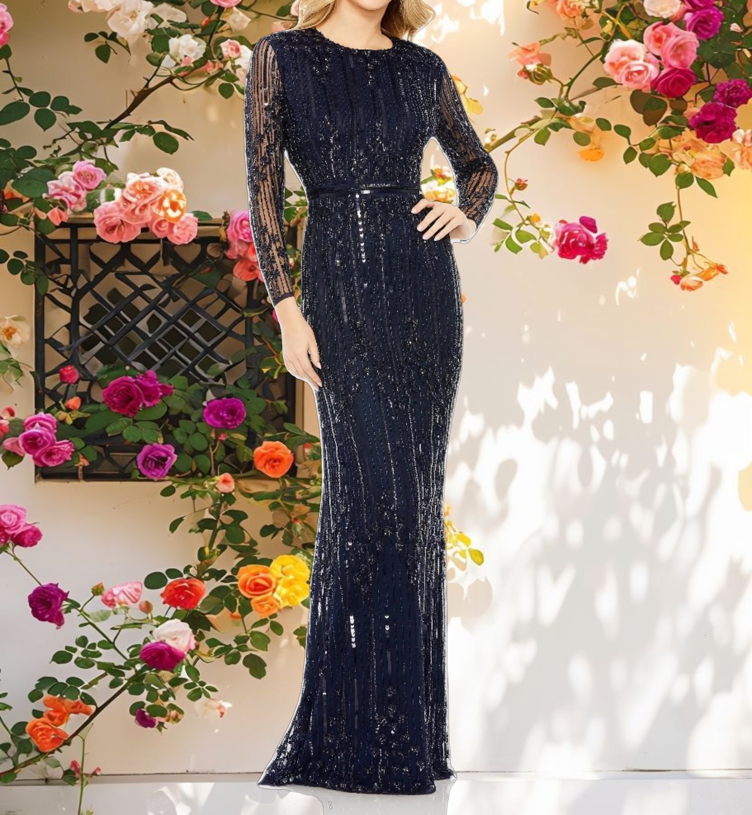 Embellished Long Sleeve Column Gown