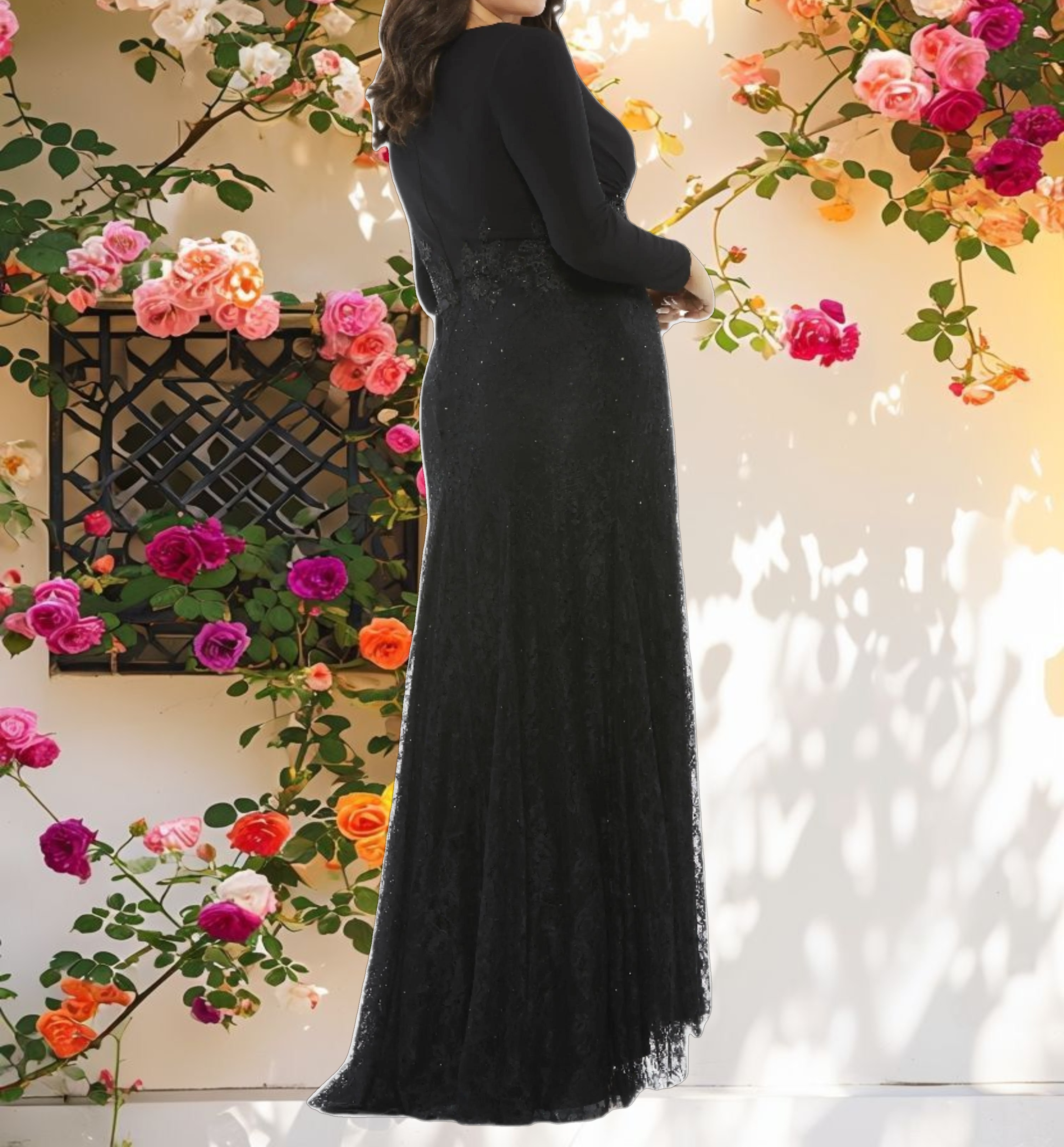 Wrap Over Long Sleeve Lace Trumpet Gown (Plus)