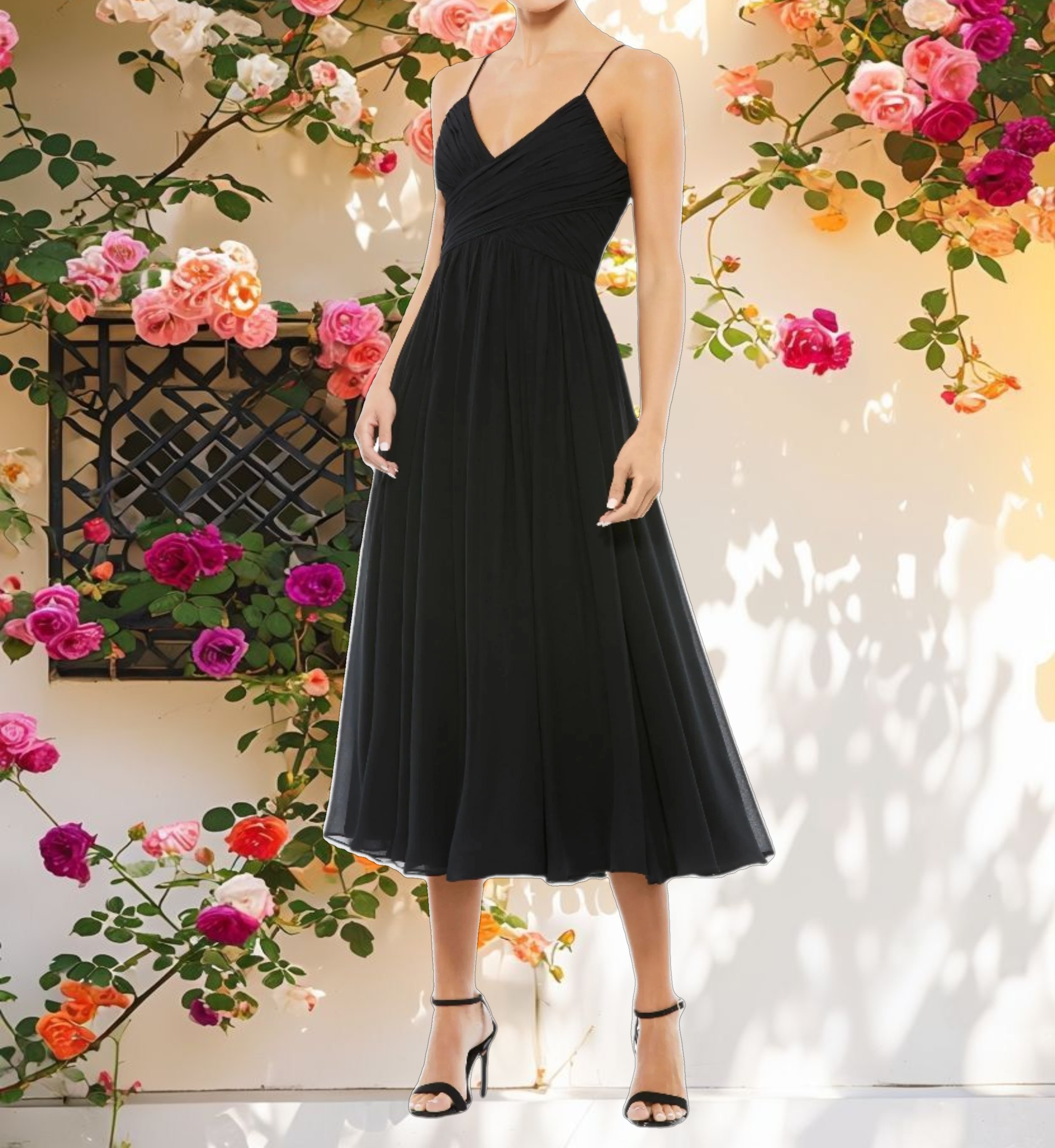 Black Faux Wrap Sleeveless Flowy Midi Dress