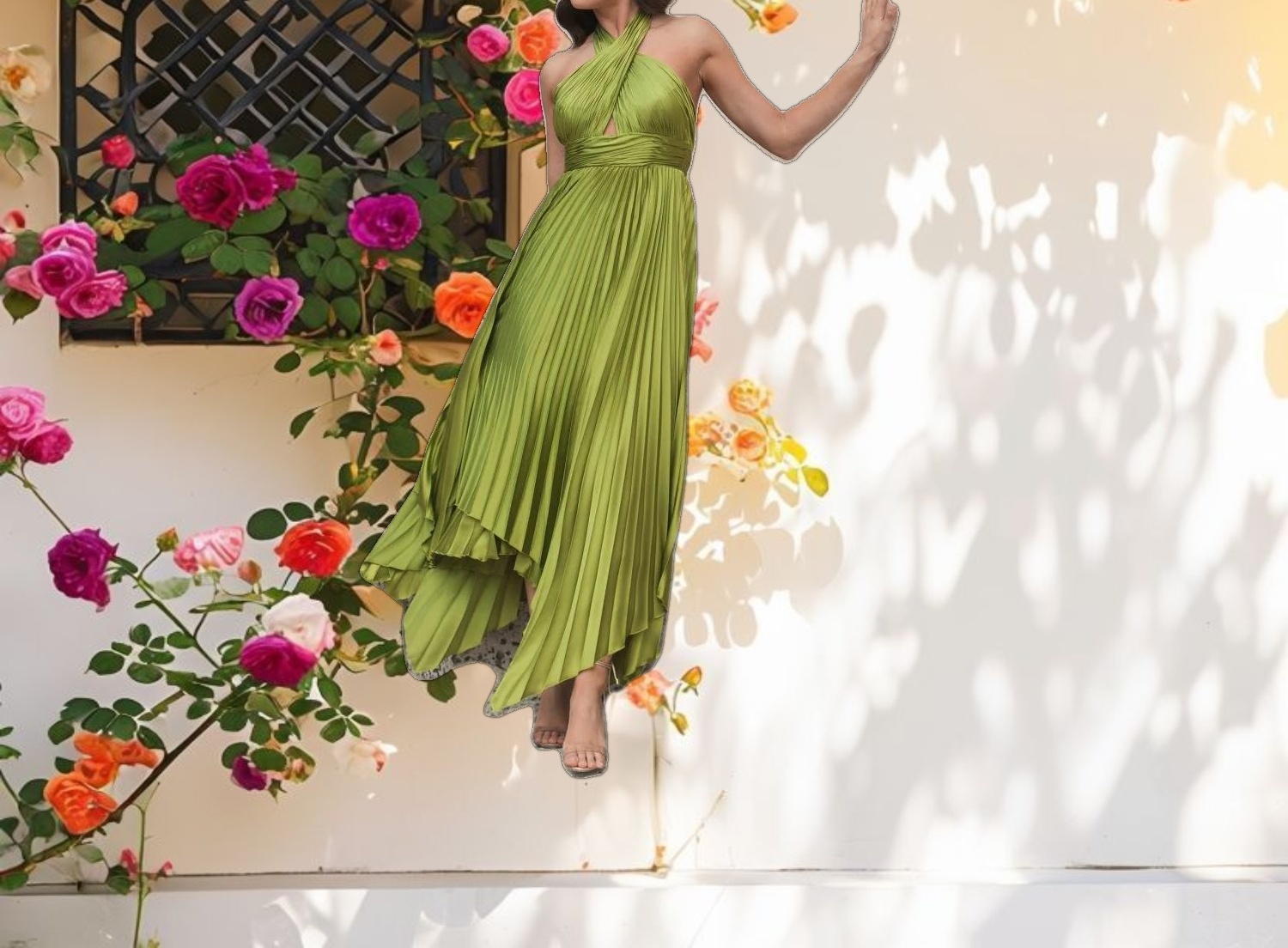 Blue Pleated Halter Neck Asymmetrical Hem Gown